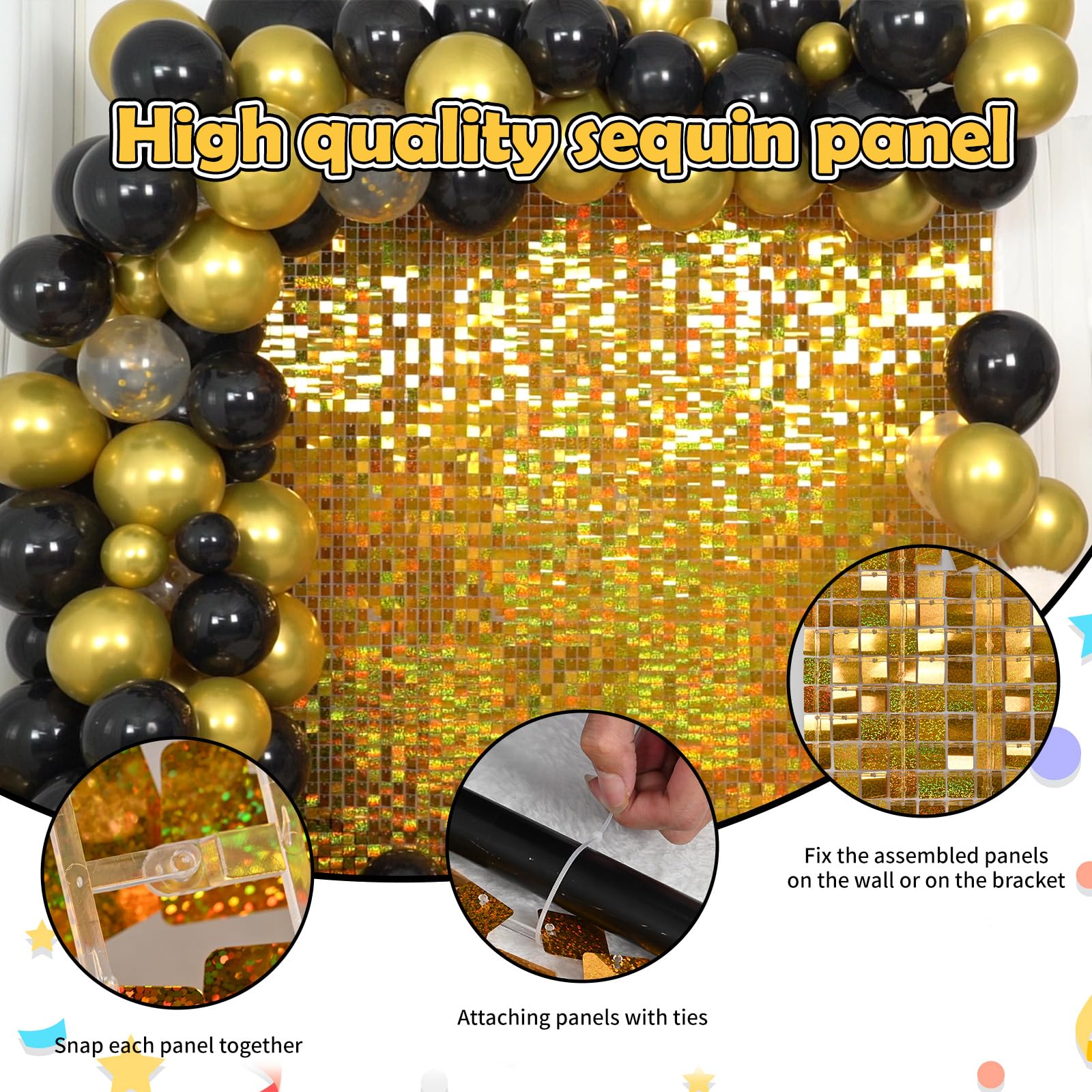 Biapian Gold Shimmer Wall Backdrop, 24Pcs Square Sequin Shimmer Wall Panels Color Laser Gold Glitter Photography Props For Party