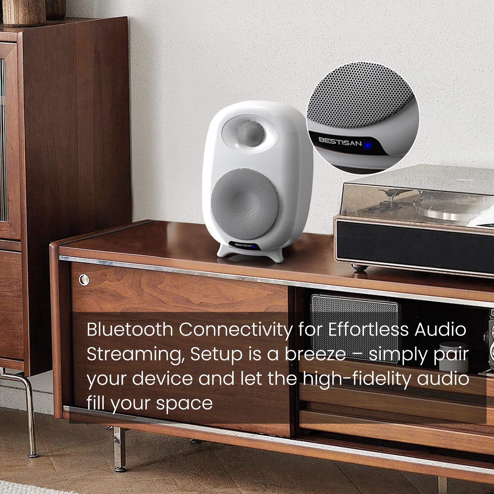 Bestisan Sr06 Bluetooth Bookshelf Speakers For Turntable, Desktops With 3 Inch Woofer, Tv Speakers With Optical/Rca Inputs(White