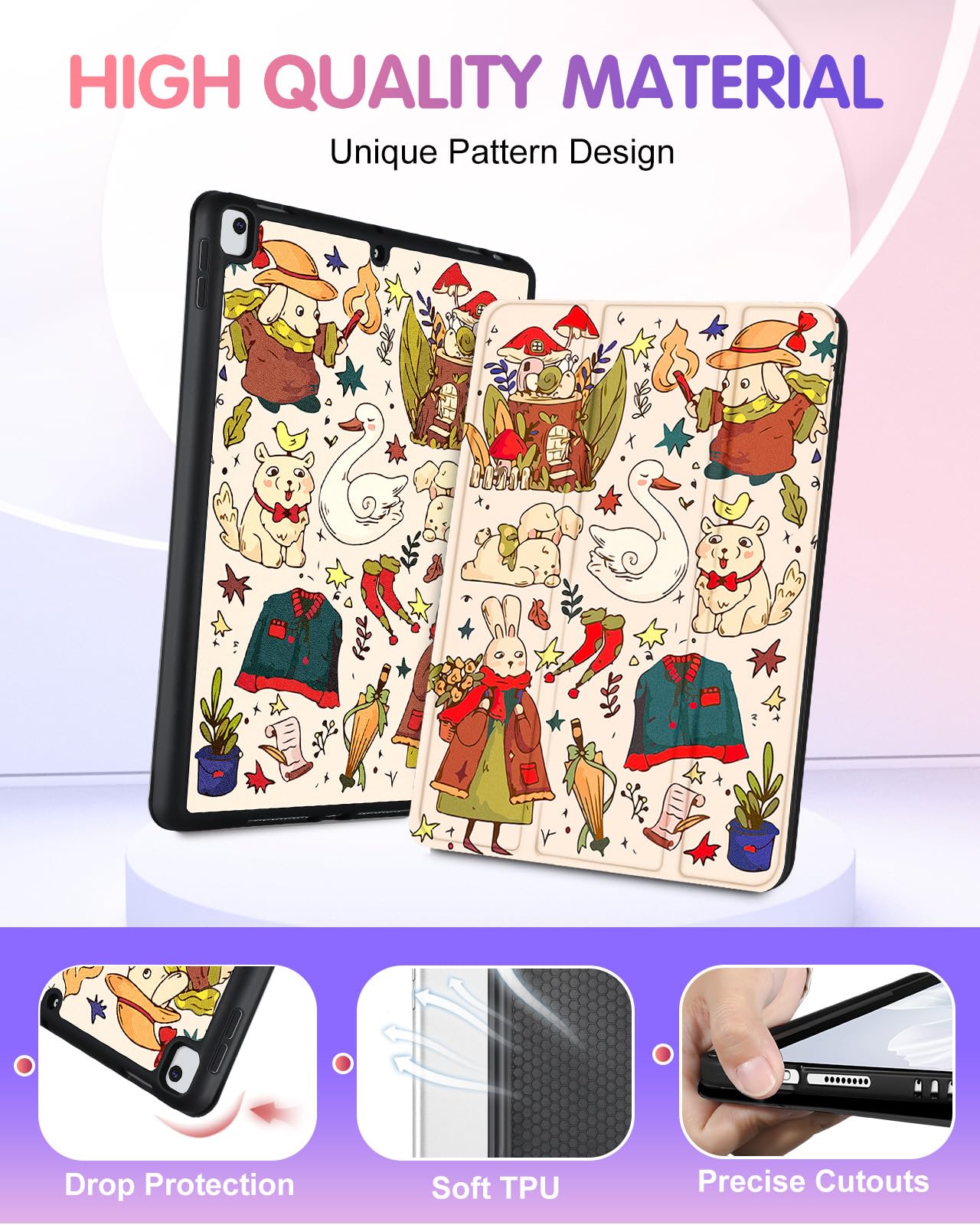 Uppuppy For Ipad 9Th/8Th/7Th Generation Case 10.2 Inch Girls Cute Kids Women Folio Smart Cover Pencil Holder Cartoon Aesthetic D