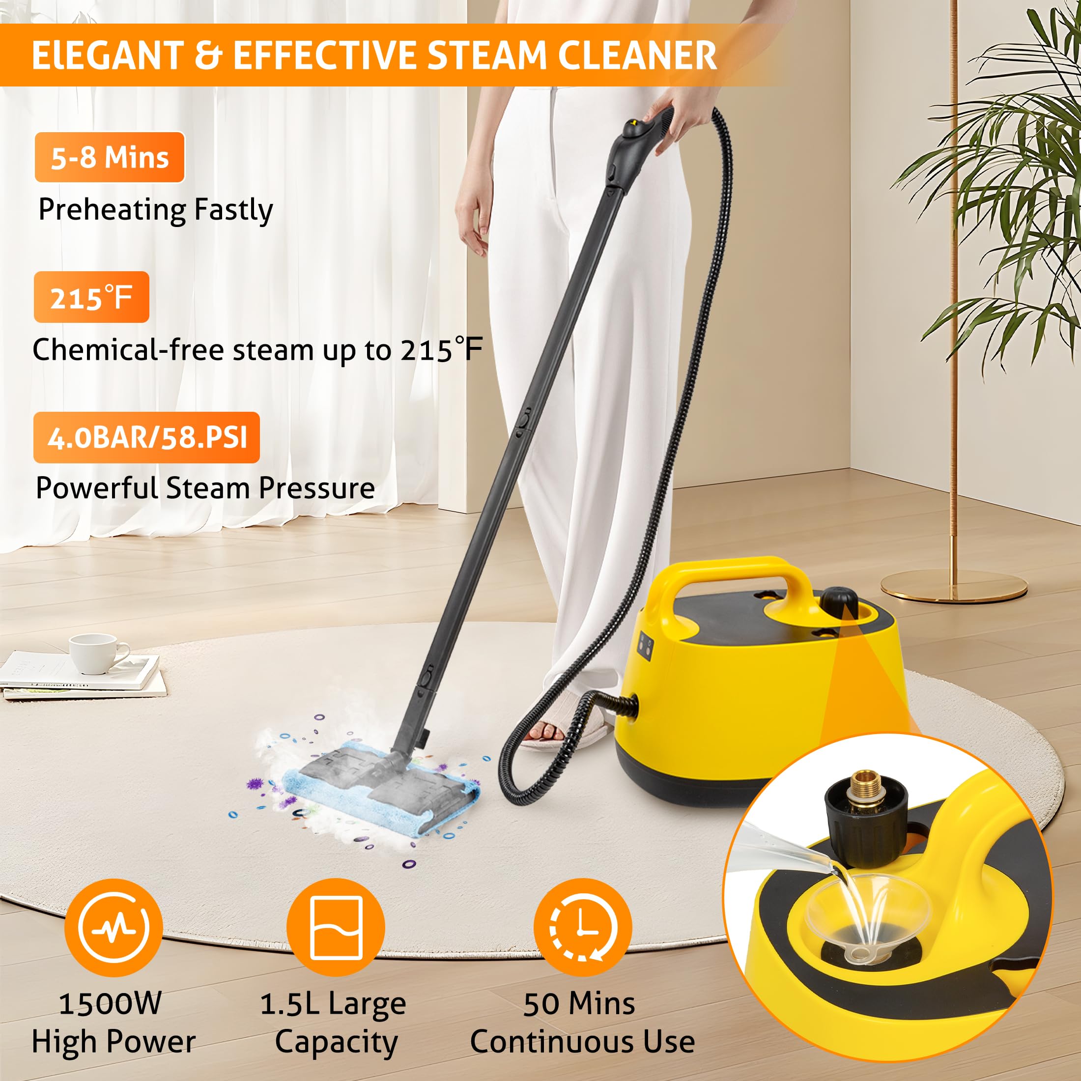 Wichemi Steam Cleaner Multipurpose Steam Cleaner Household Steamer 1500W High Pressure High Temp Steam Cleaner With Wheel & 1.5L
