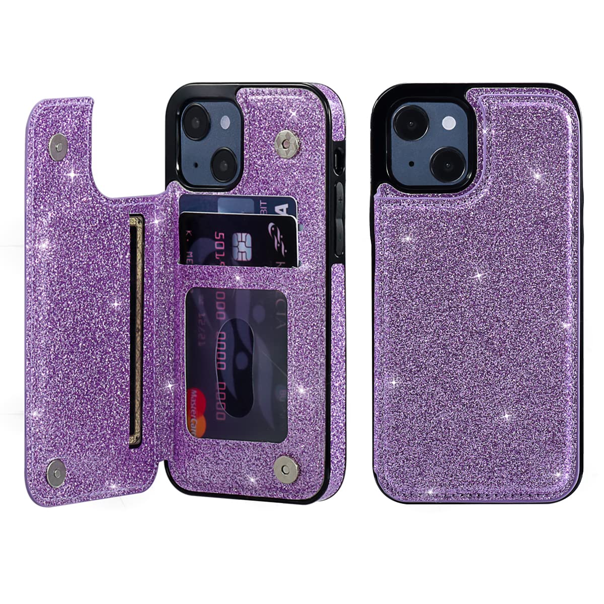 Ueebai Case For Iphone 13 6.1 Inch, Premium Glitter Pu Leather Case Back Wallet Cover [Two Magnetic Clasp] [Card Slots] Stand Fu