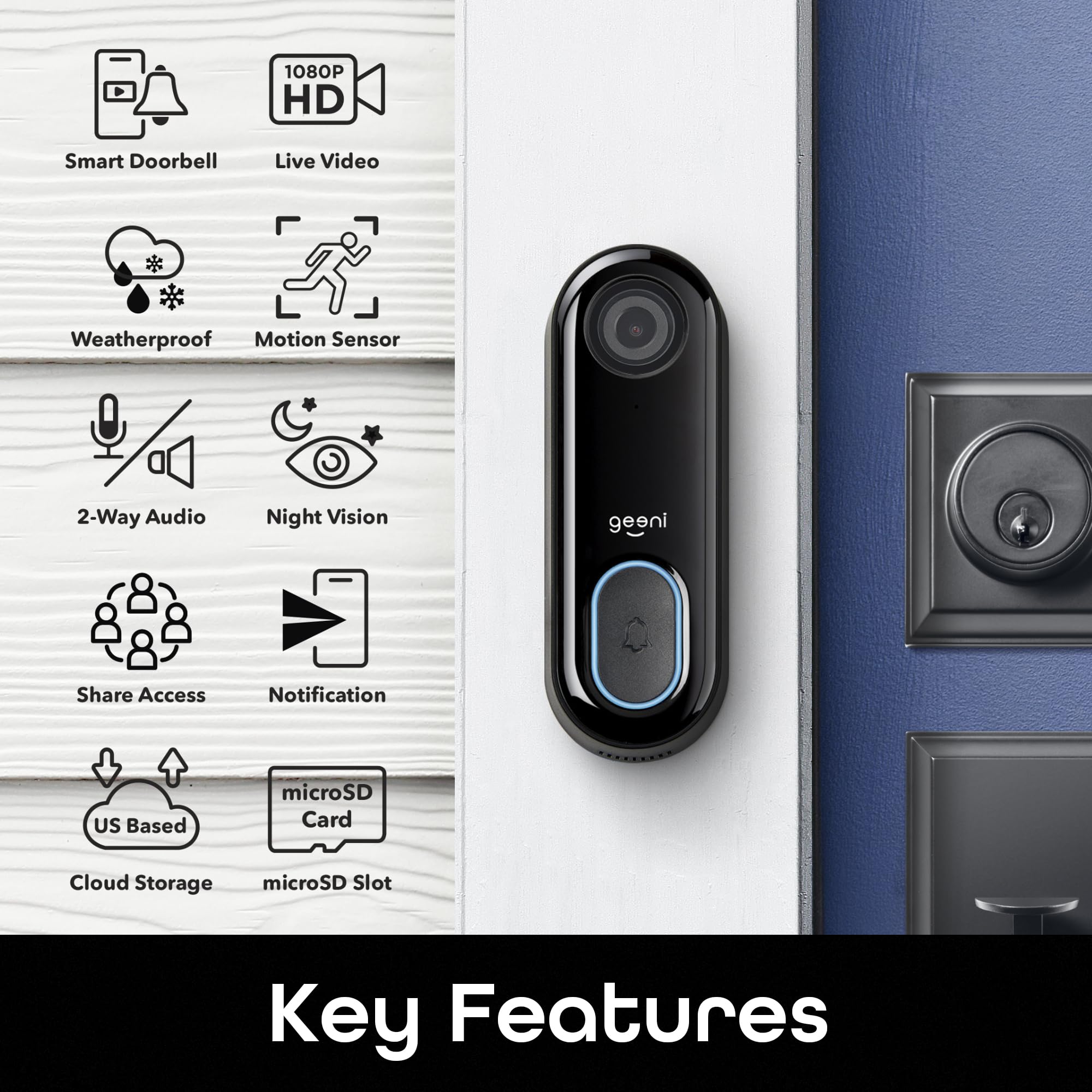 Geeni Doorpeek Doorbell Camera   Wifi Security Door Bell With 1080P Video And 2 Way Audio Speaker, Motion And Chime App Alerts,