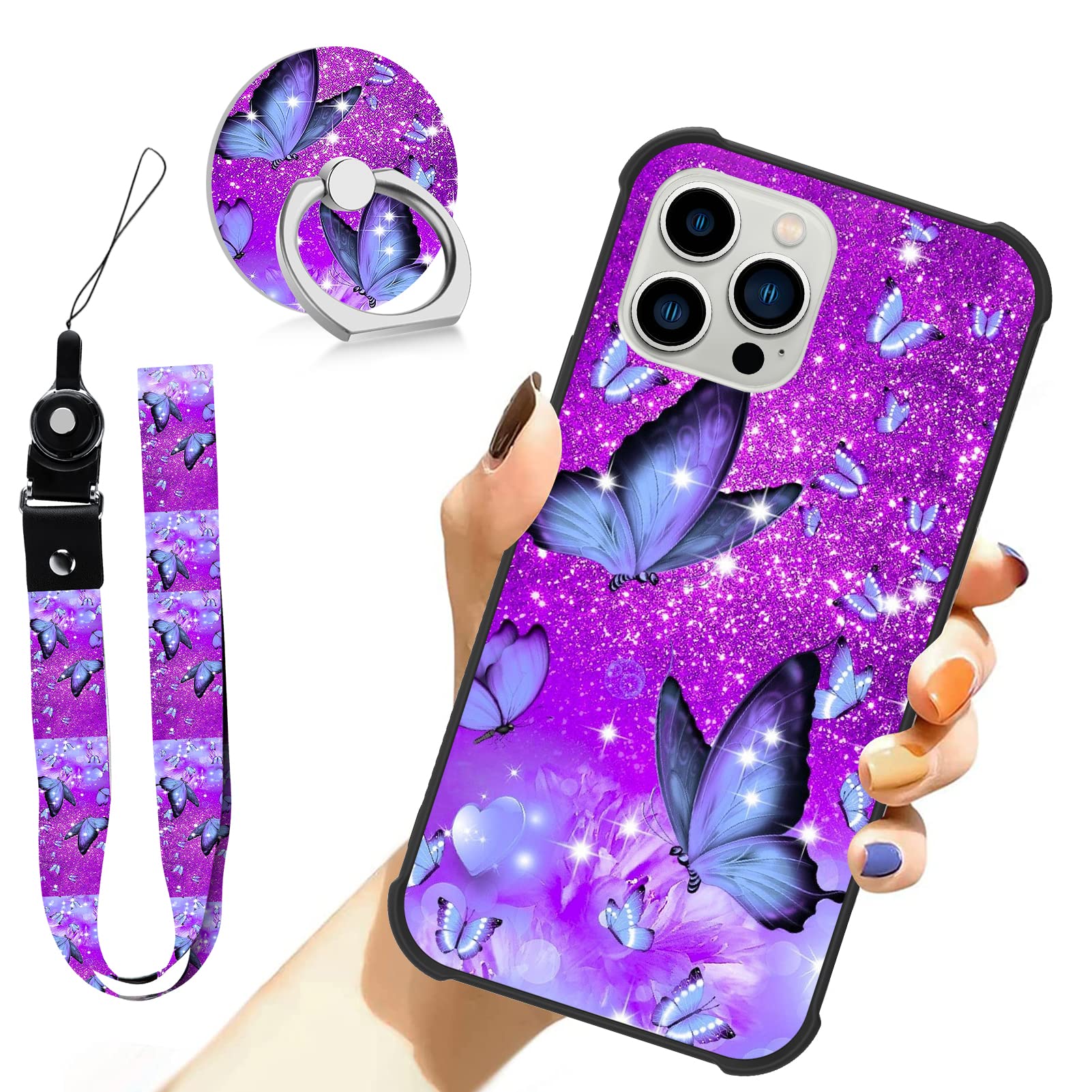 ZIYE Designed for iPhone 12 Pro Max Case Purple Butterfly Hard Lanyard Case with Phone Ring Holder,Full Body Protection Shockpro