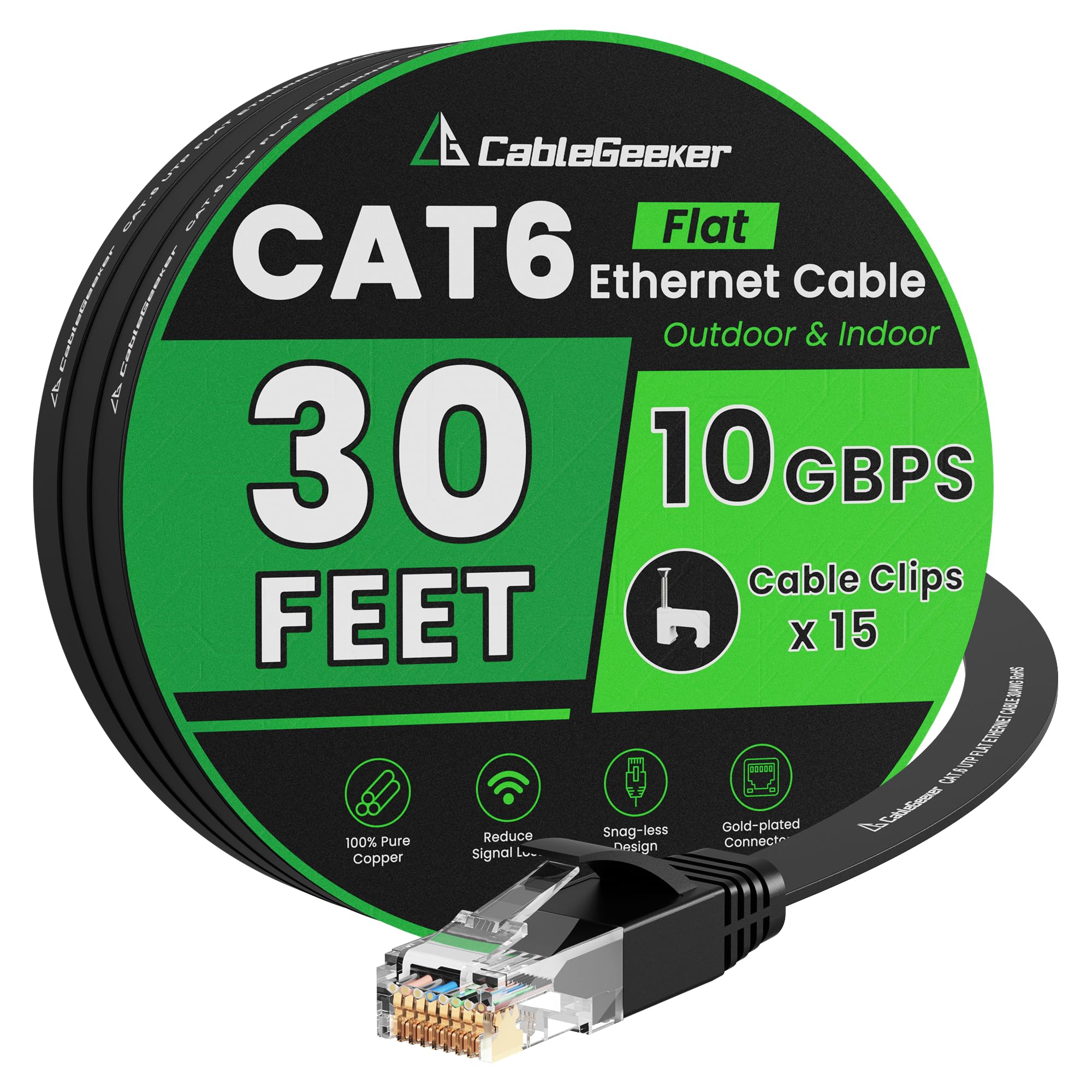 Cat 6 Ethernet Cable 30 ft, Indoor&Outdoor, High Speed 10Gbps Flat Internet Network Cable, Pure Copper Ethernet Patch Cable Long