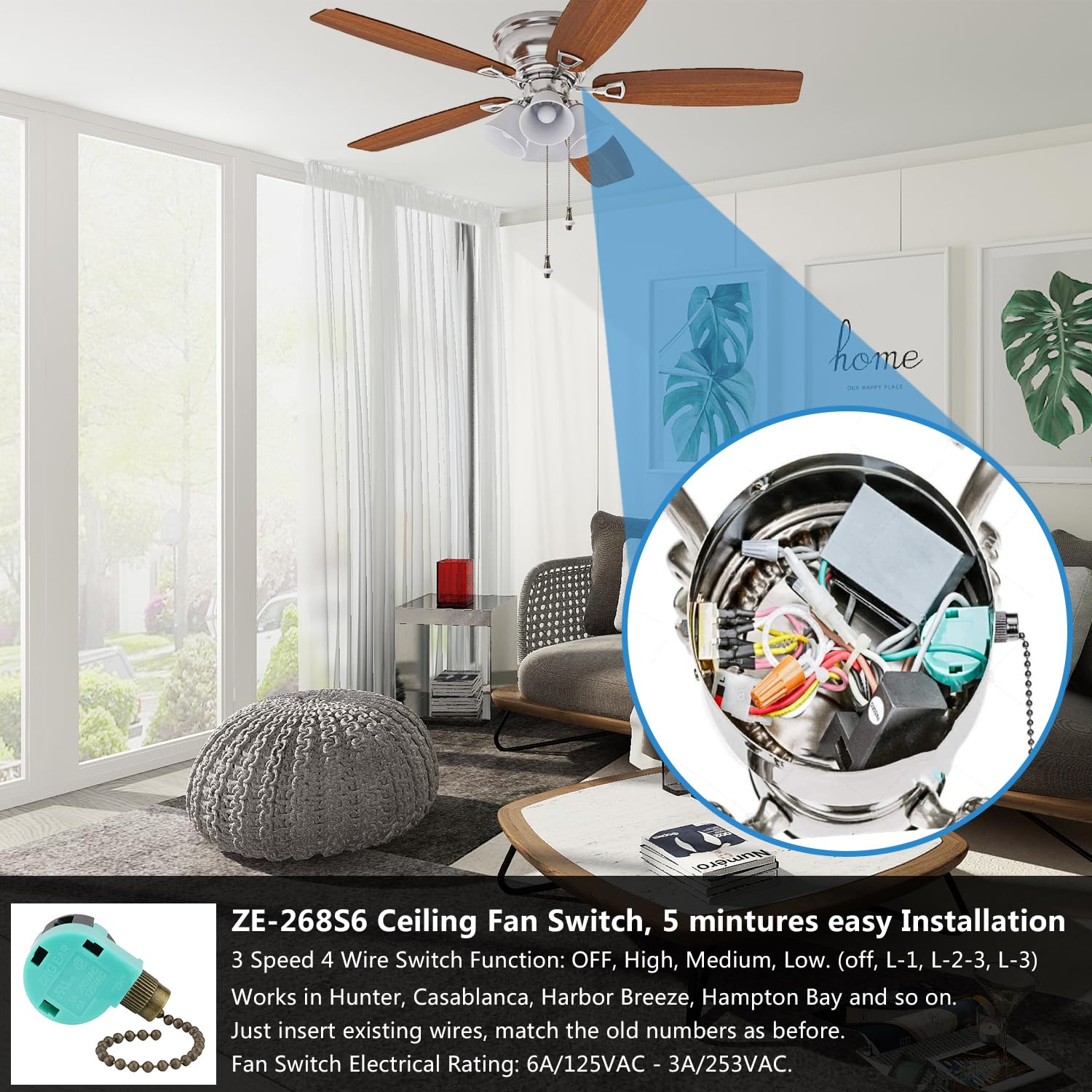 3 Speed Fan Switch Ze 268S6 4 Wire Ceiling Fan Switch Control Switch Compatible With Hunter Ceiling Fans, Cabinet Light, Wall La