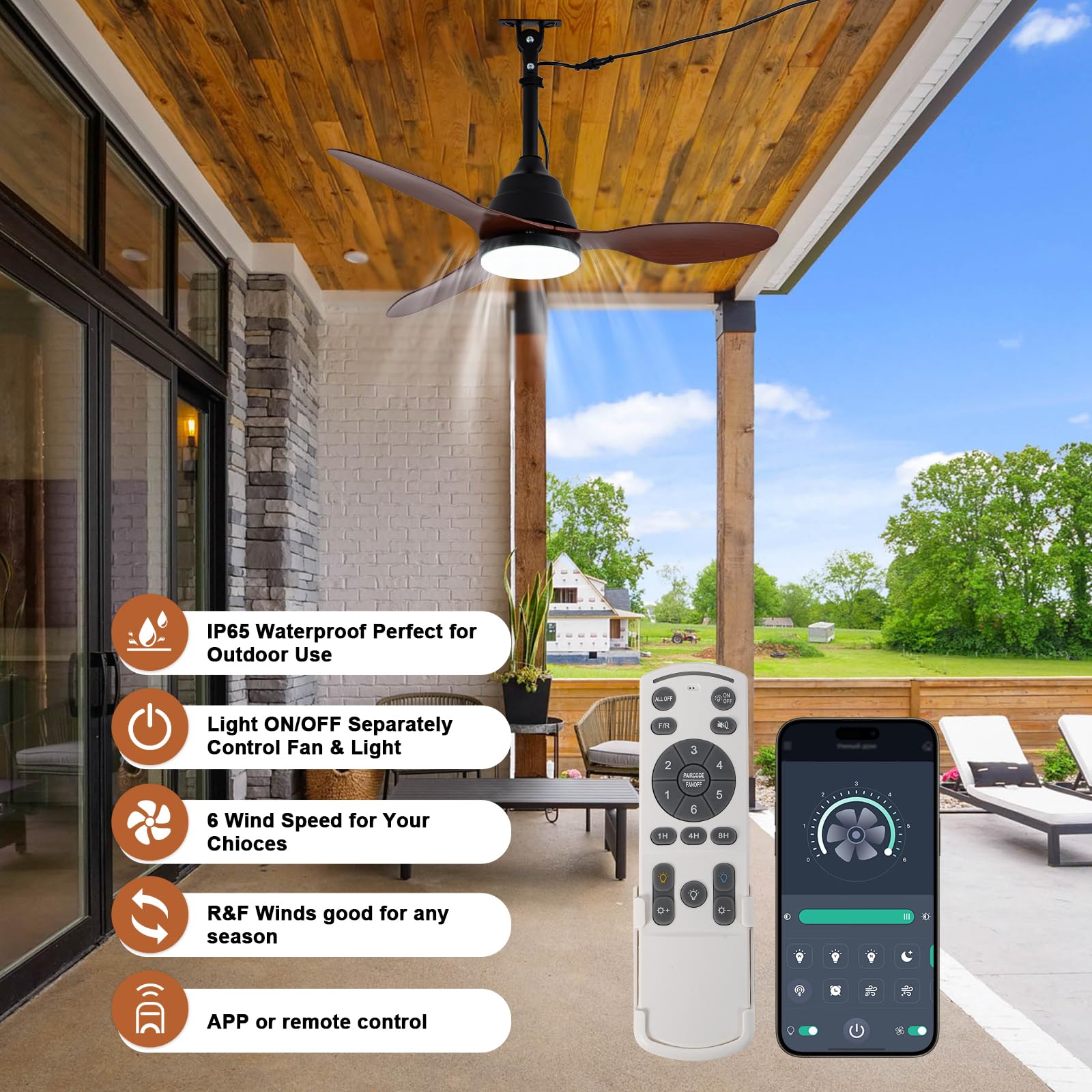 Cncmtiger 42 Waterproof Outdoor Ceiling Fan With Lights Ip65 Gazebo Fan Outdoor Hanging Wet Rated Plug In Ceiling Fan For Pati