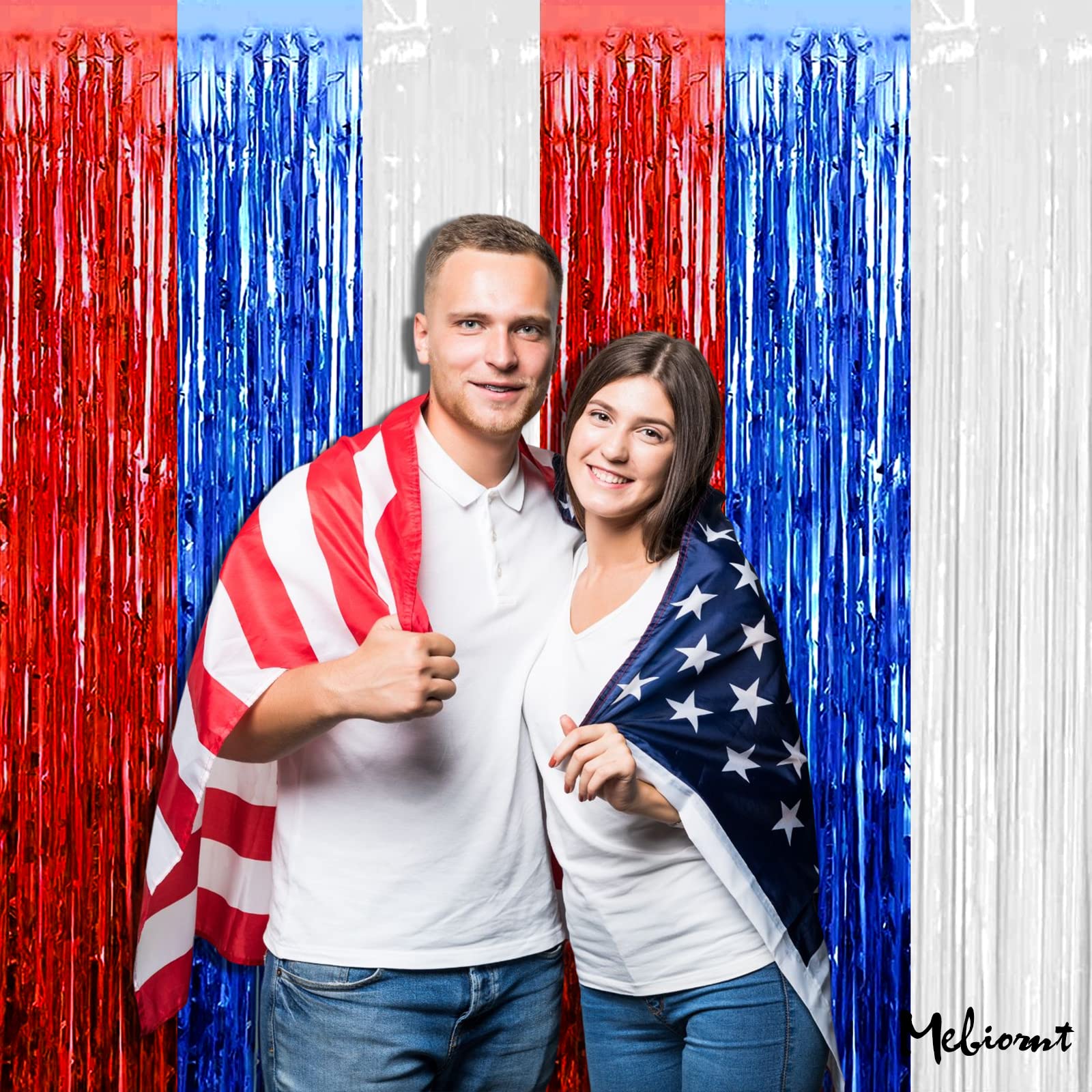 4 Pack 3.2Ft X 9.8Ft Independence Day Fringe Curtain Backdrop, Red Blue White Metallic Tinsel Foil Fringe Streamers Curtains Bac
