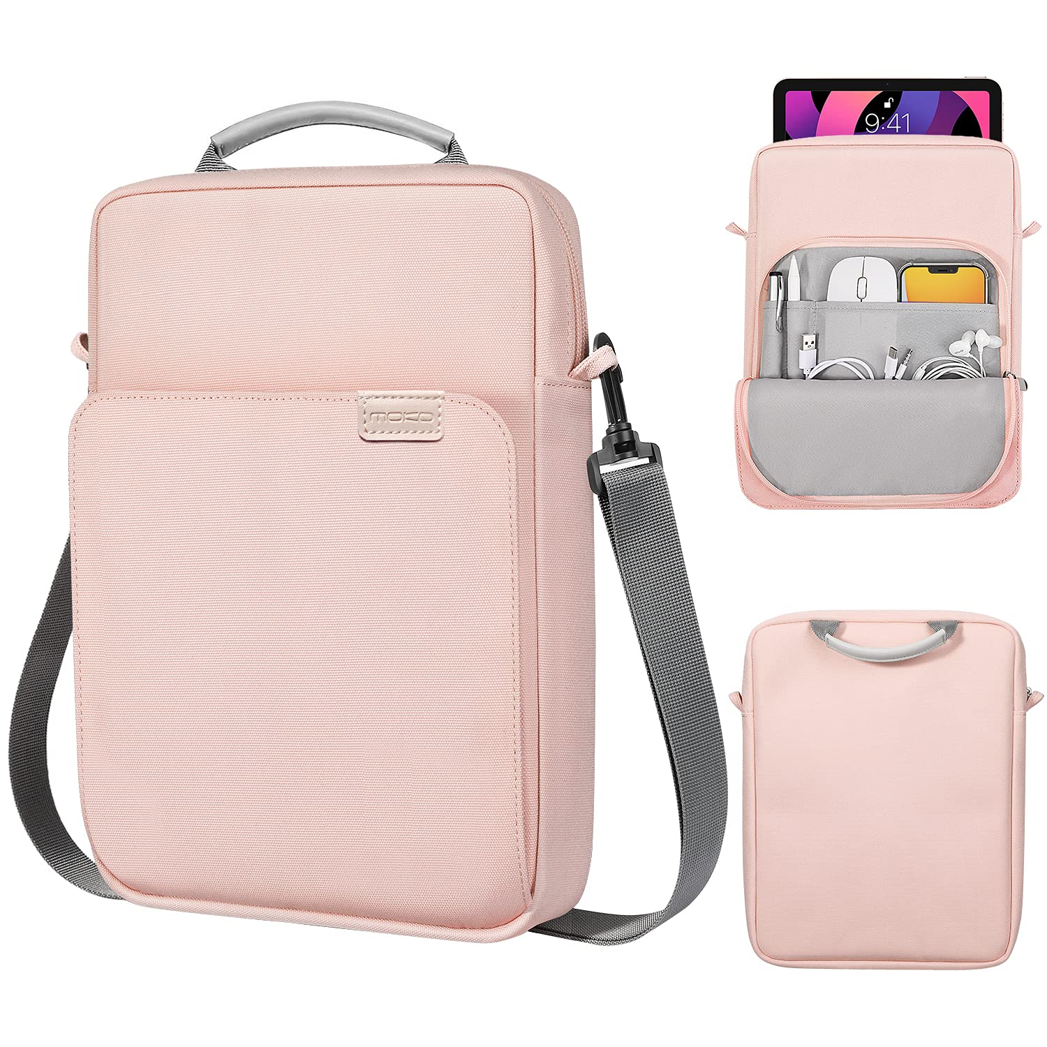 MoKo 12.9 Inch Tablet Sleeve Bag, Fits with 13 Inch New iPad Pro M4 & Air M2 2024,iPad Pro 12.9 M2&M1,Surface Laptop Go 12.4,Galaxy Tab S8+/S9+ 12.4,Handle Carrying Case with Shoulder Strap, Pink