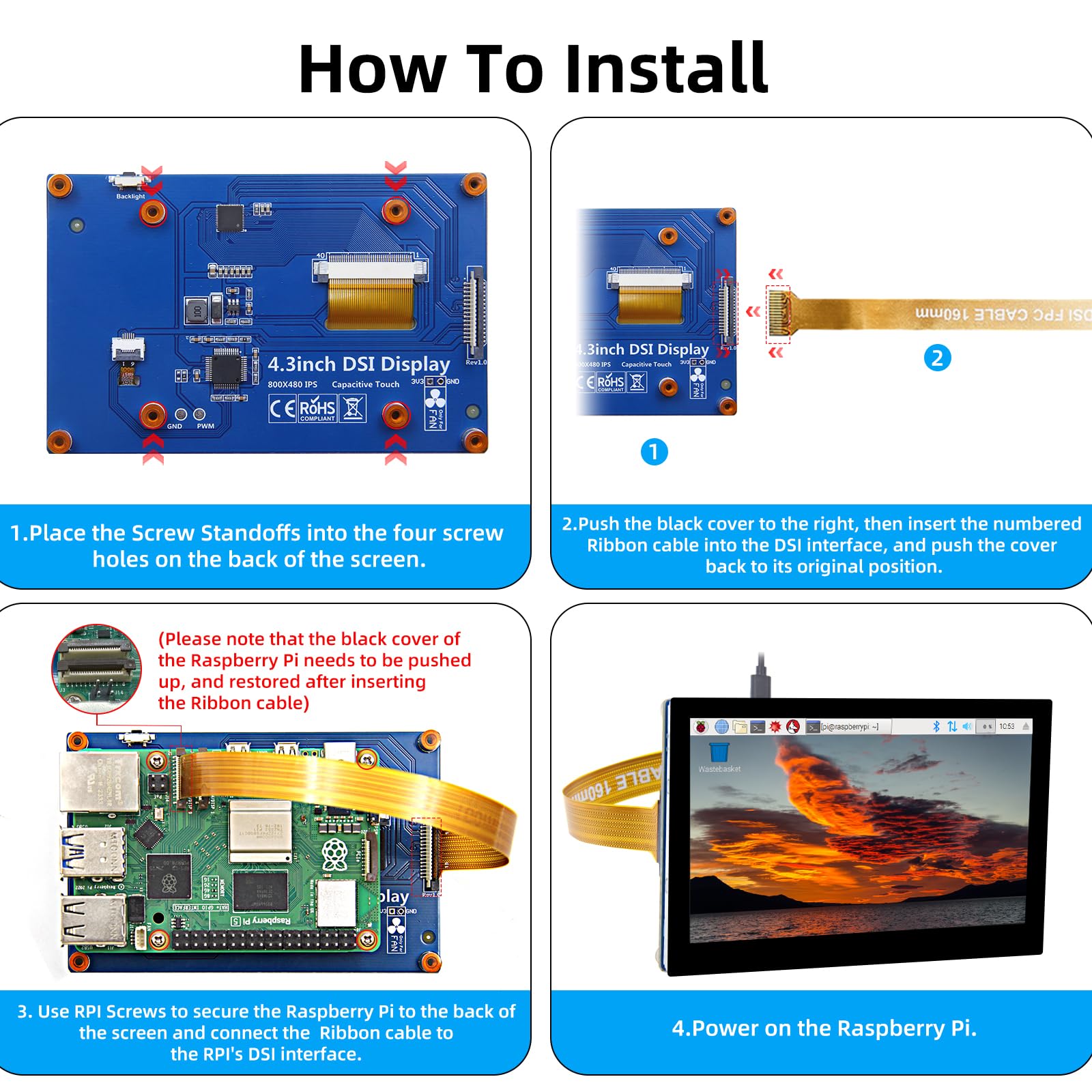 Ipistbit 4.3 Inch Raspberry Pi Screen, 800X480 Pixel Capacitive Touchscreen, Mipi Dsi Lcd Display For Raspberry Pi, Driver Free