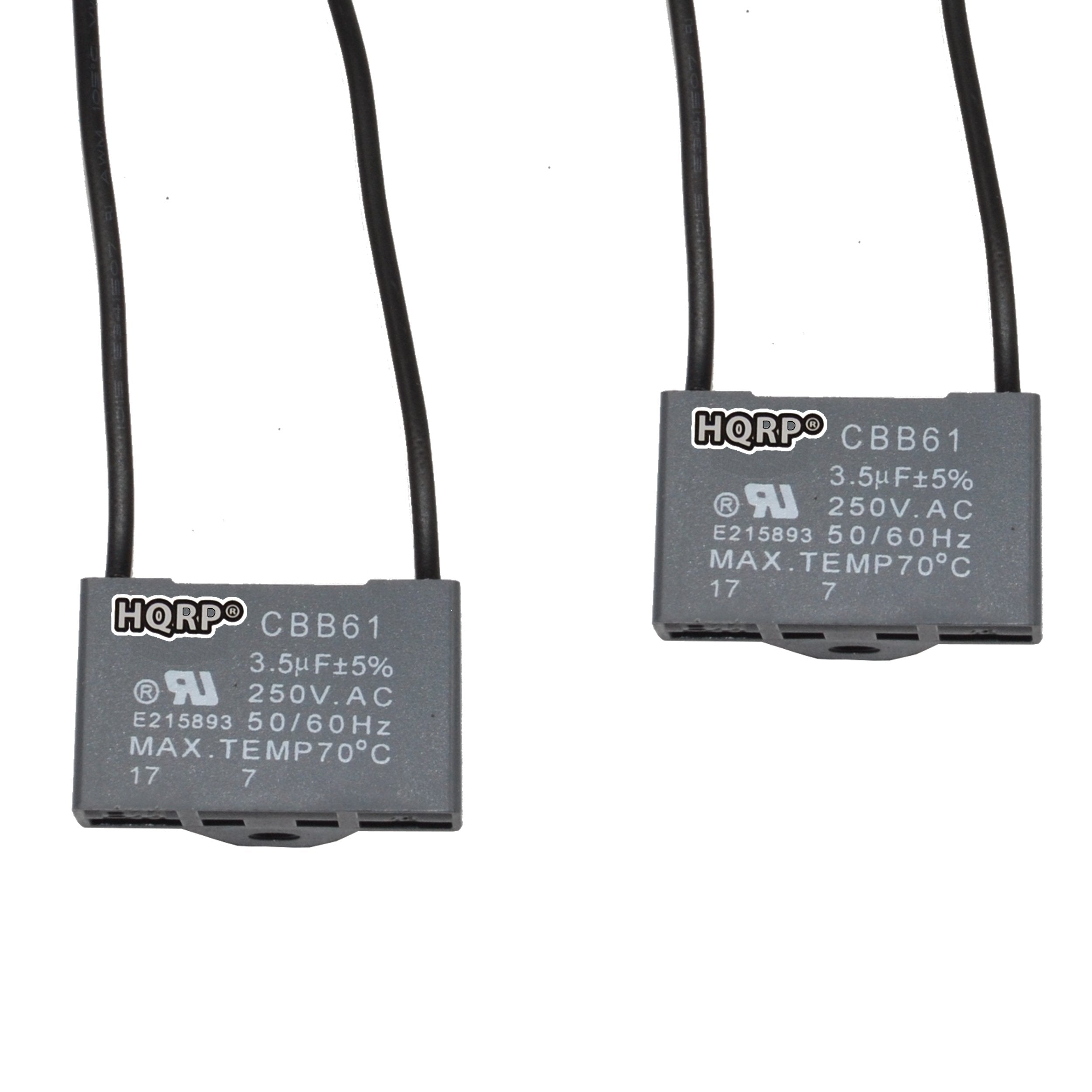 Hqrp 2 Pack Ceiling Fan Capacitor Cbb61 3.5Uf 2 Wire Ul Listed
