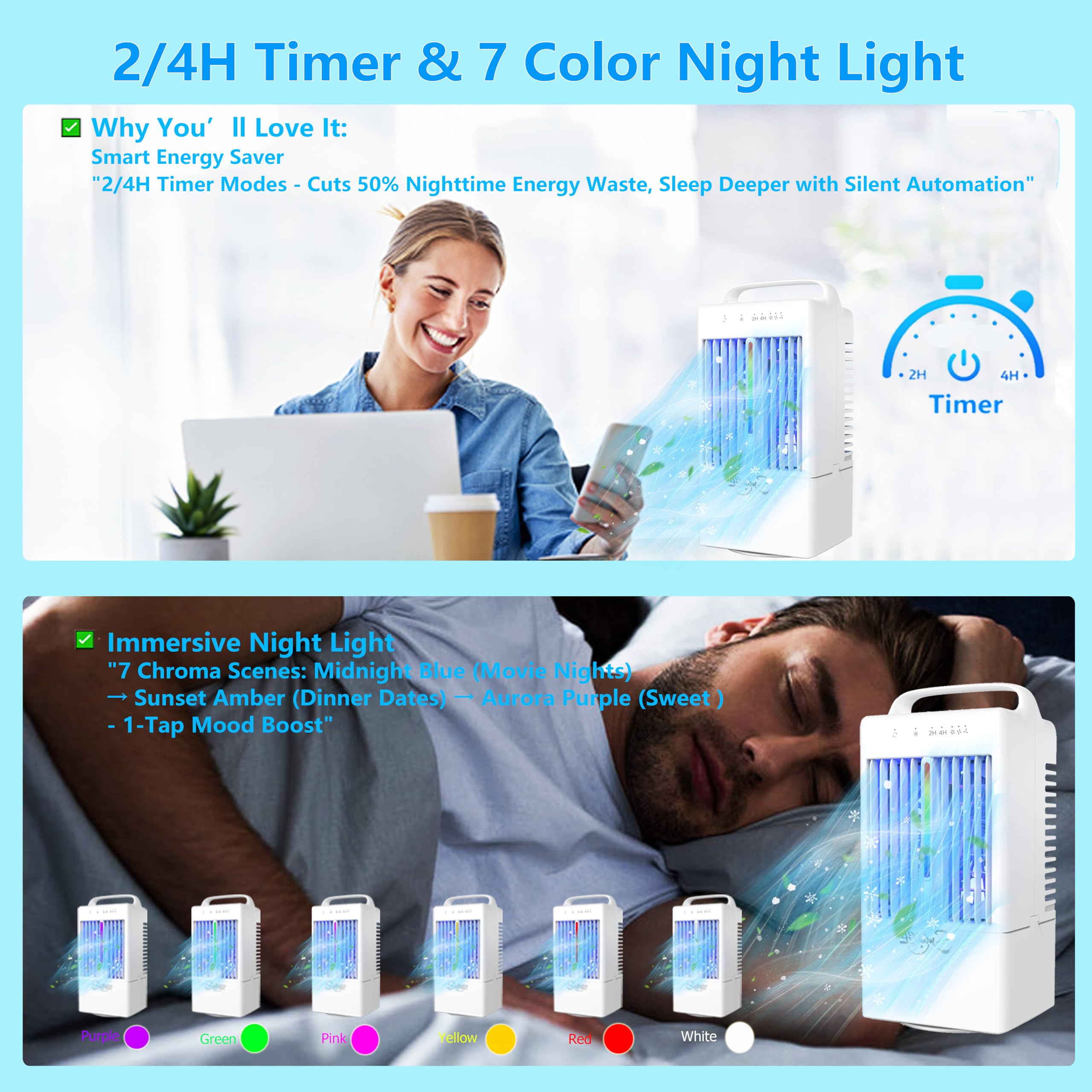 Portable Air Conditioners, Smlegft 90 Auto-Oscillating Evaporative Air Cooler With 3 Speeds & 2/4H Timer, 900Ml Large Tank & 7 C