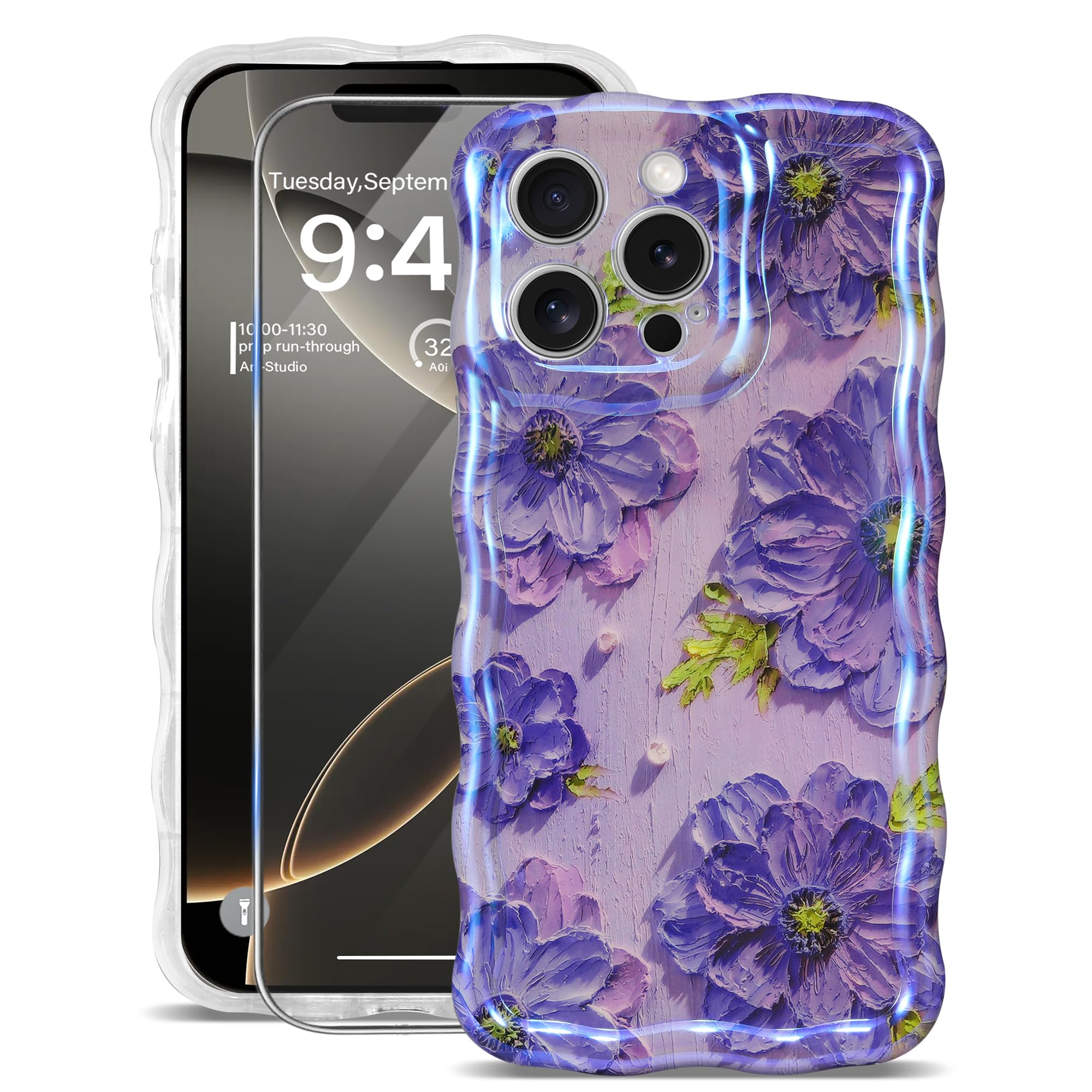 Sheheme For Iphone 13 Pro Case [With 9H Screen Protectors] Wave Bumper Colorful Oil Painting Flowers Print Blue Glossy Soft Tpu