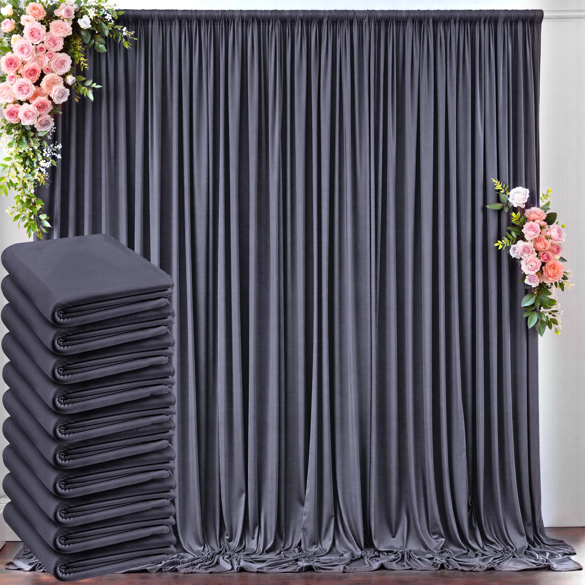 50 ft x 10 ft Wrinkle Free Charcoal Backdrop Curtain for Parties, Dark Grey Polyester Photo Backdrop Drapes for Baby Shower Wedd