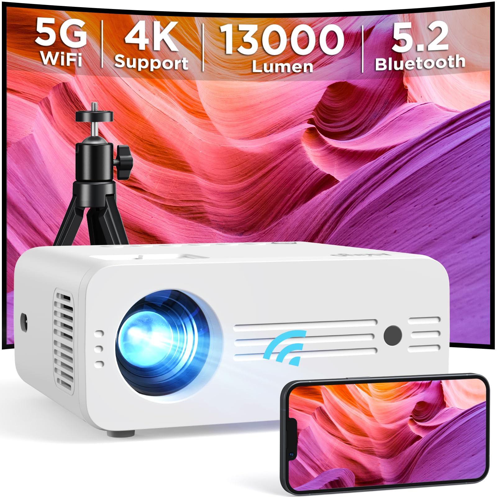 Projector With Wifi And Bluetooth, 5G Wifi Native 1080P 13000L 4K Supported, Akiyo Iphone Projector With Projector Stand, Outdoor Projector For Home Theater,Compatible With Ios/Android/Laptop/Hdmi/Ps5