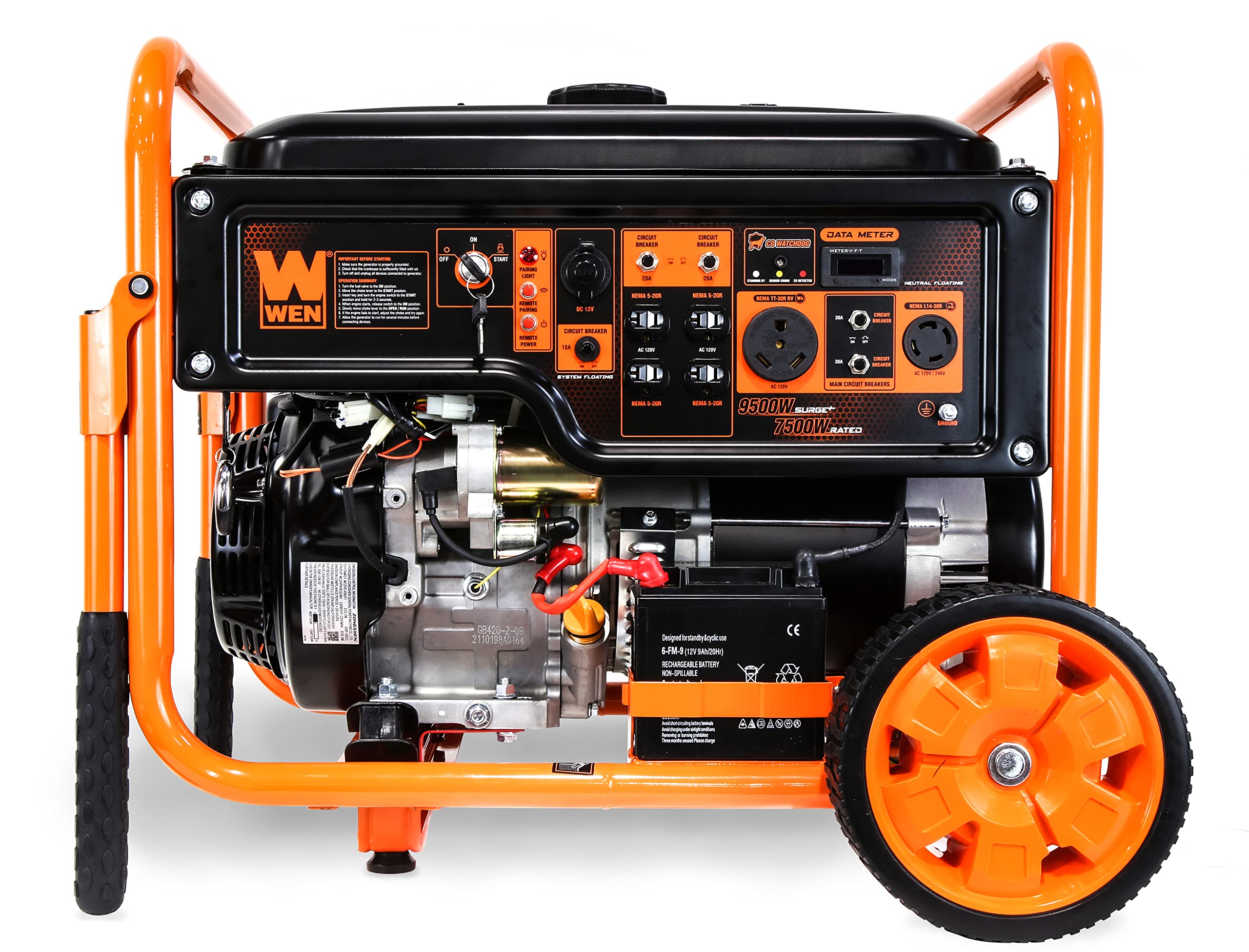 Wen Gn9500X 9500-Watt Portable Generator With Remote Electric Start And Co Shutdown Sensor, Black