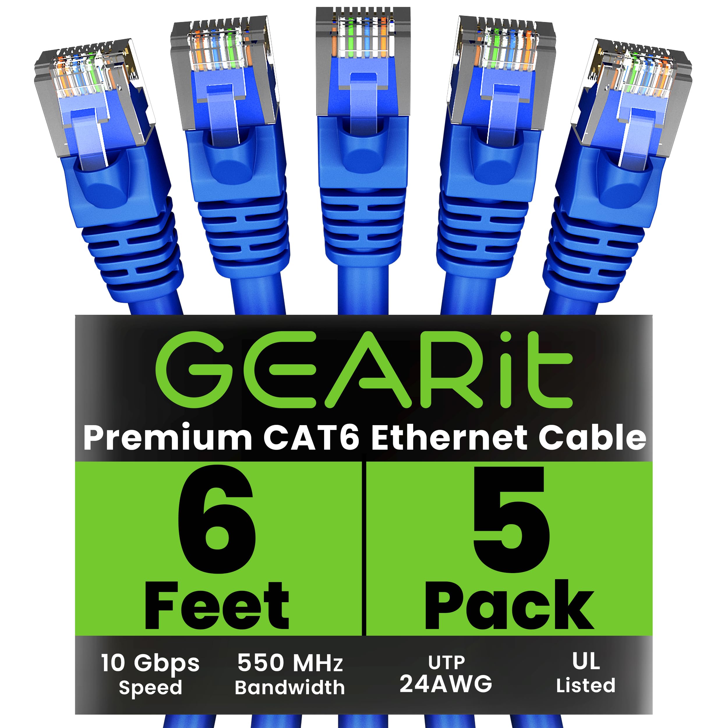 GEARit Cat 6 Ethernet Cable Pack - 5-Pack 6 ft Cat6 Ethernet Patch Cables | RJ45 Network Patch Cable, 10 Gbps Snagless Gold-Plat