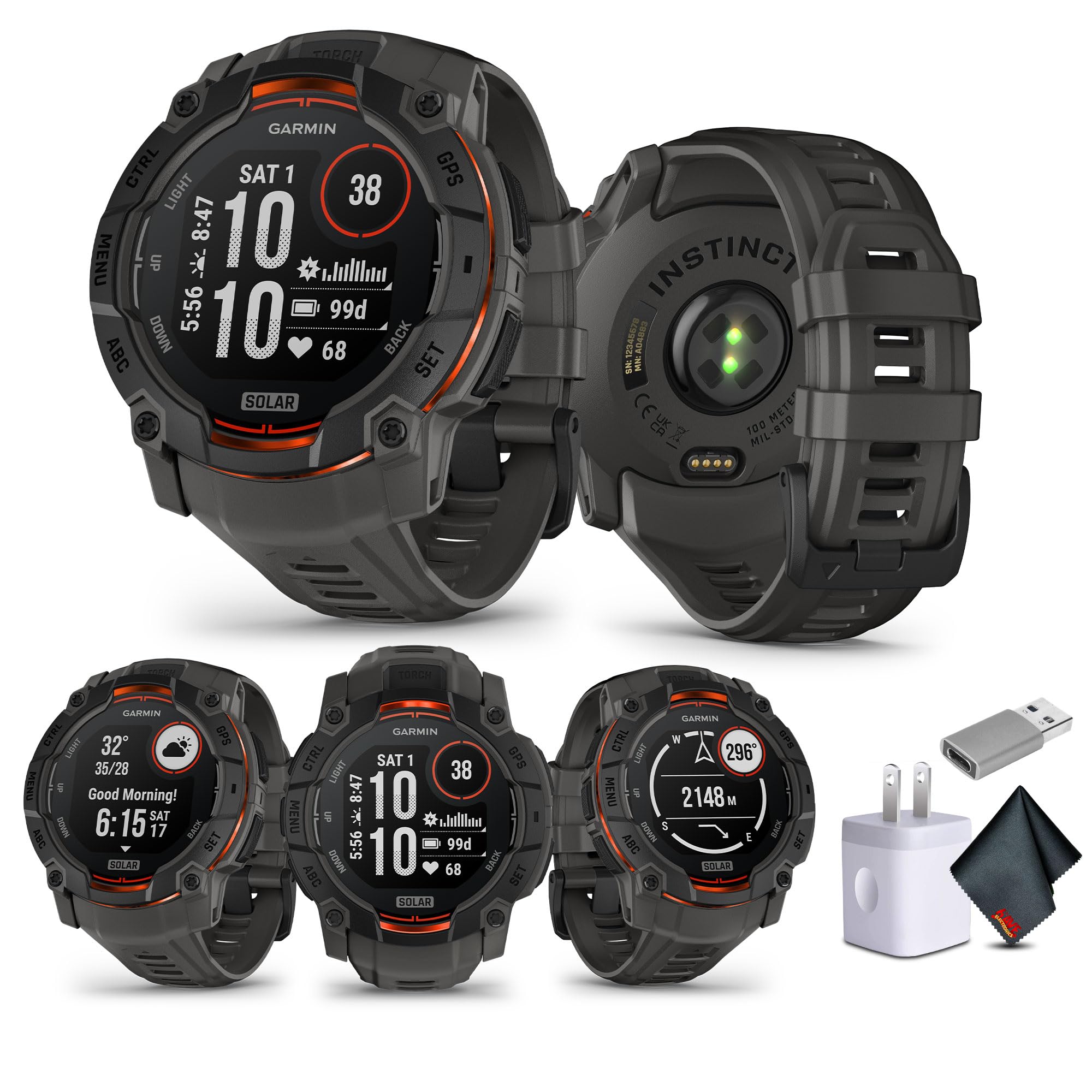 Garmin Instinct 3 50Mm, Solar Charged Display, Rugged Outdoor Gps Smartwatch, Unlimited Battery Life, Built-In Flashlight, Charc