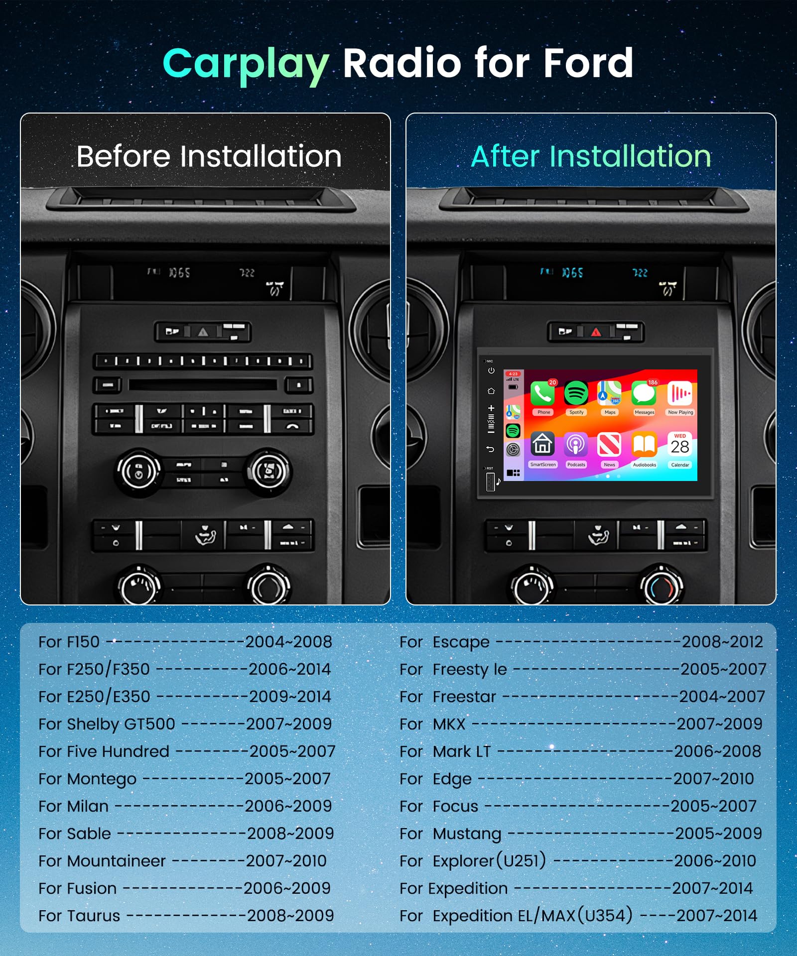2G 64G Car Radio For Ford F150 F250 F350 Fusion Edge Explorer Expedition, Podofo 7Inch 1080P Ips Touchscreen F 150 Stereo With Wireless Carplay Android Auto Gps Wifi Fm/Rds Eq Backup Camera