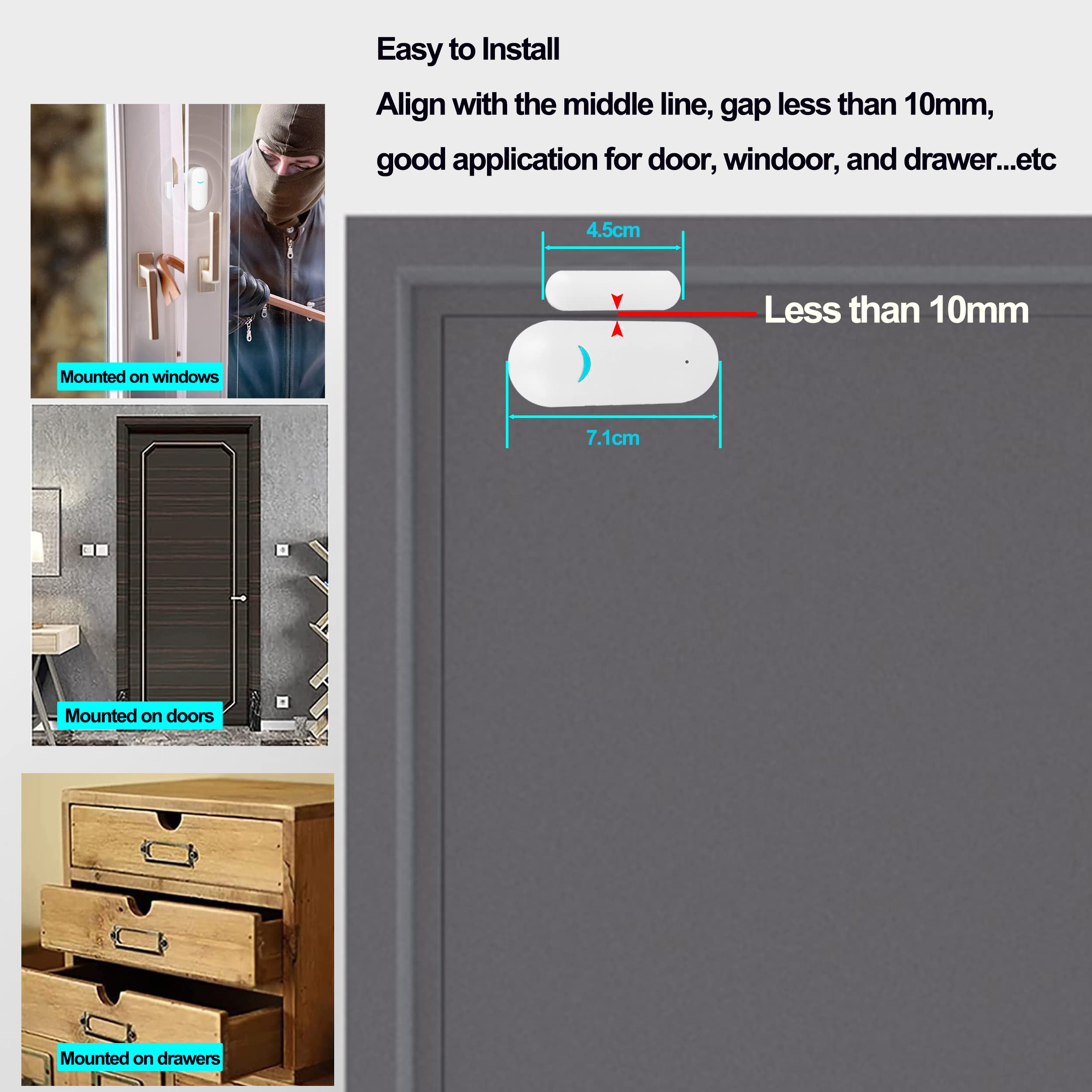 Wifi Door Sensor, Tuya Smart Door Window Sensor,Wireless Window Sensor Real Time Alarm Compatible With Alexa Google Assistant,Ho