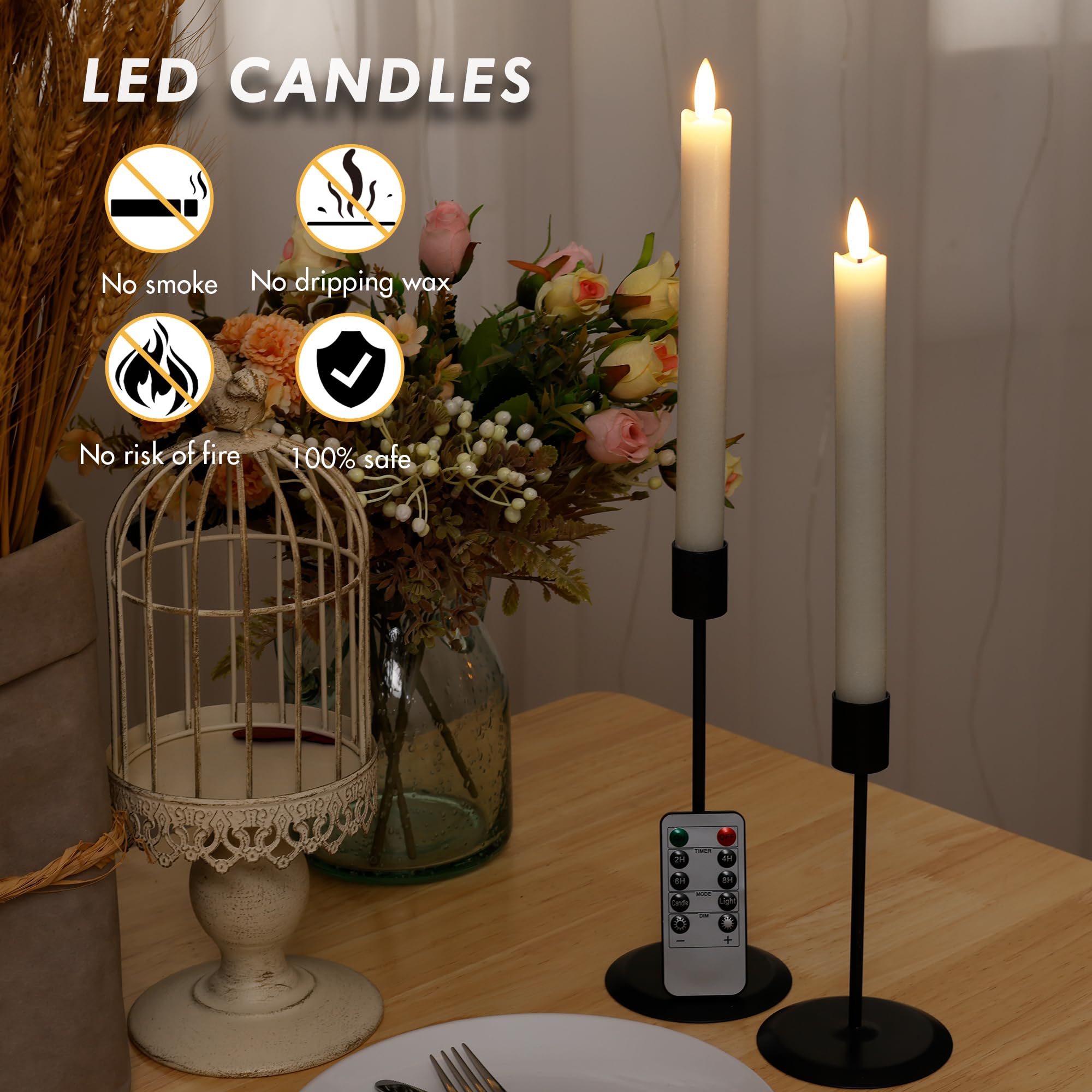 Afineth Flameless Taper Candles With Rmote, 9.6'' Real Wax Battery Operated Candles With 3D Wick, 3 Pack Led Candles Flickering