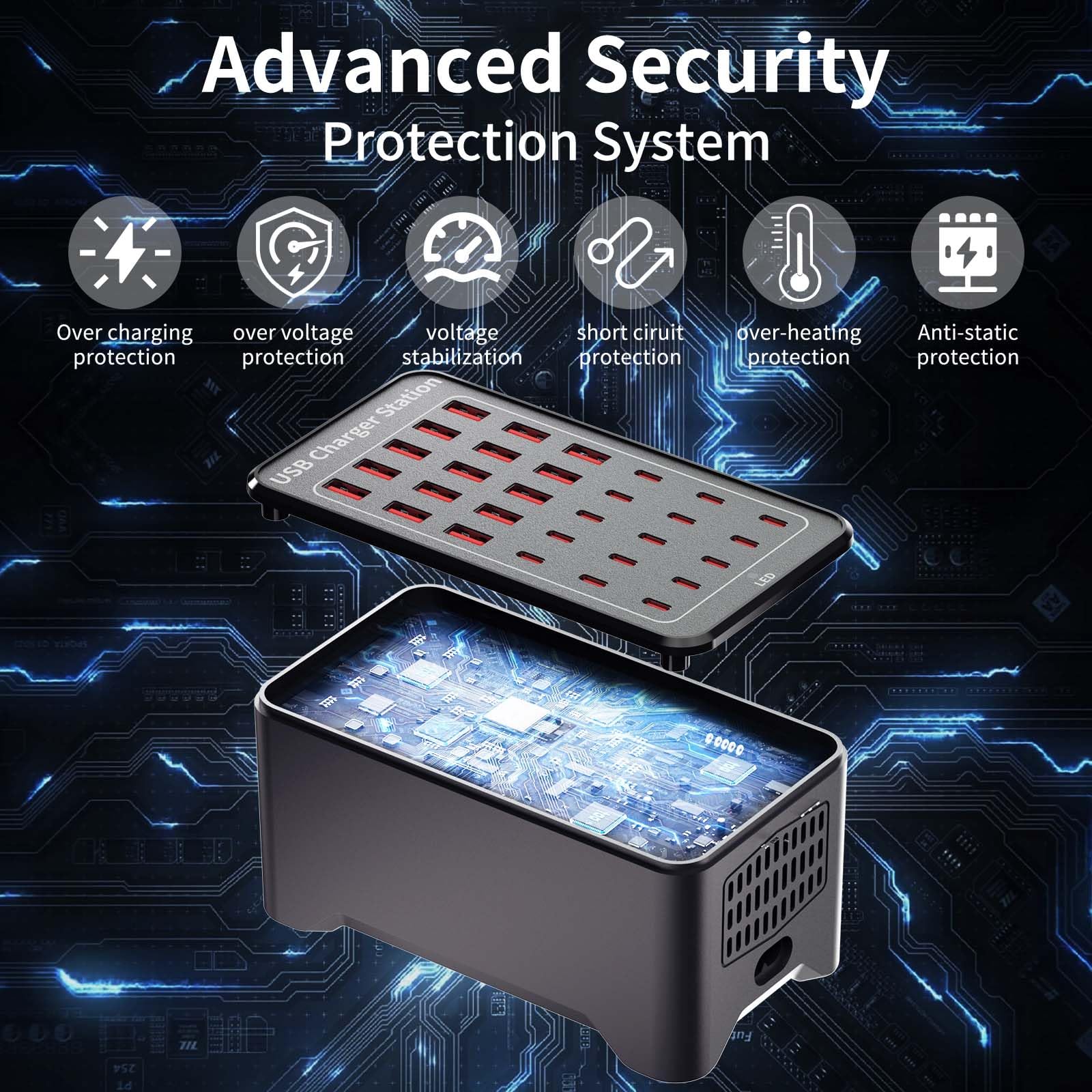 150W(30A) Usb Charging Station, 30-Port Usb C Charger Block, Multiple Desktop/Wall Fast Charger With Intelligent Protection Comp