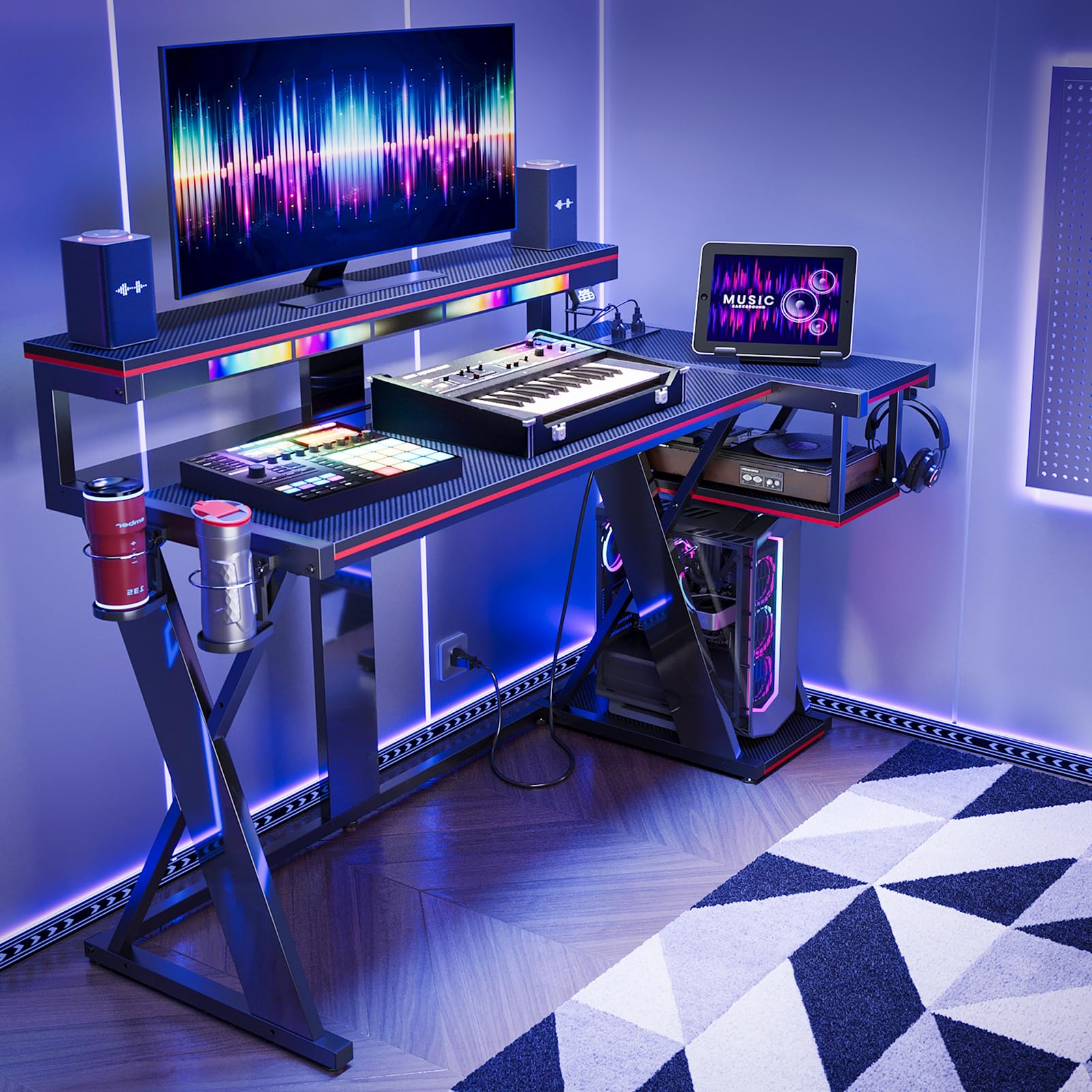 Bestier Music Studio Desk With Music Sync Light, Flow Vibe Music Production Desk With Monitor Stand And Storage Shelves, Cup Hol