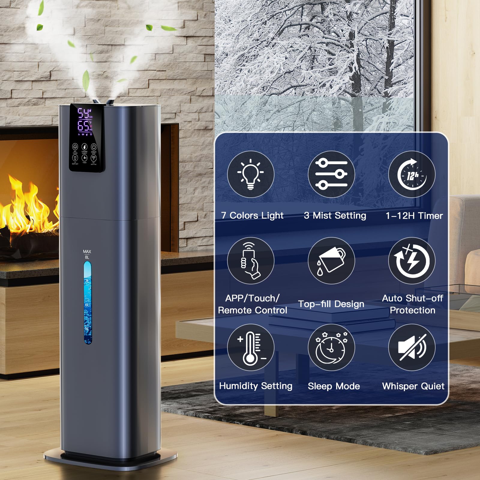 Smart Humidifiers Large Room Bedroom Home, 2.11Gal(8L) Quiet Top Fill Cool Mist Humidifier, Smart App & Remote Control, 3 Speed