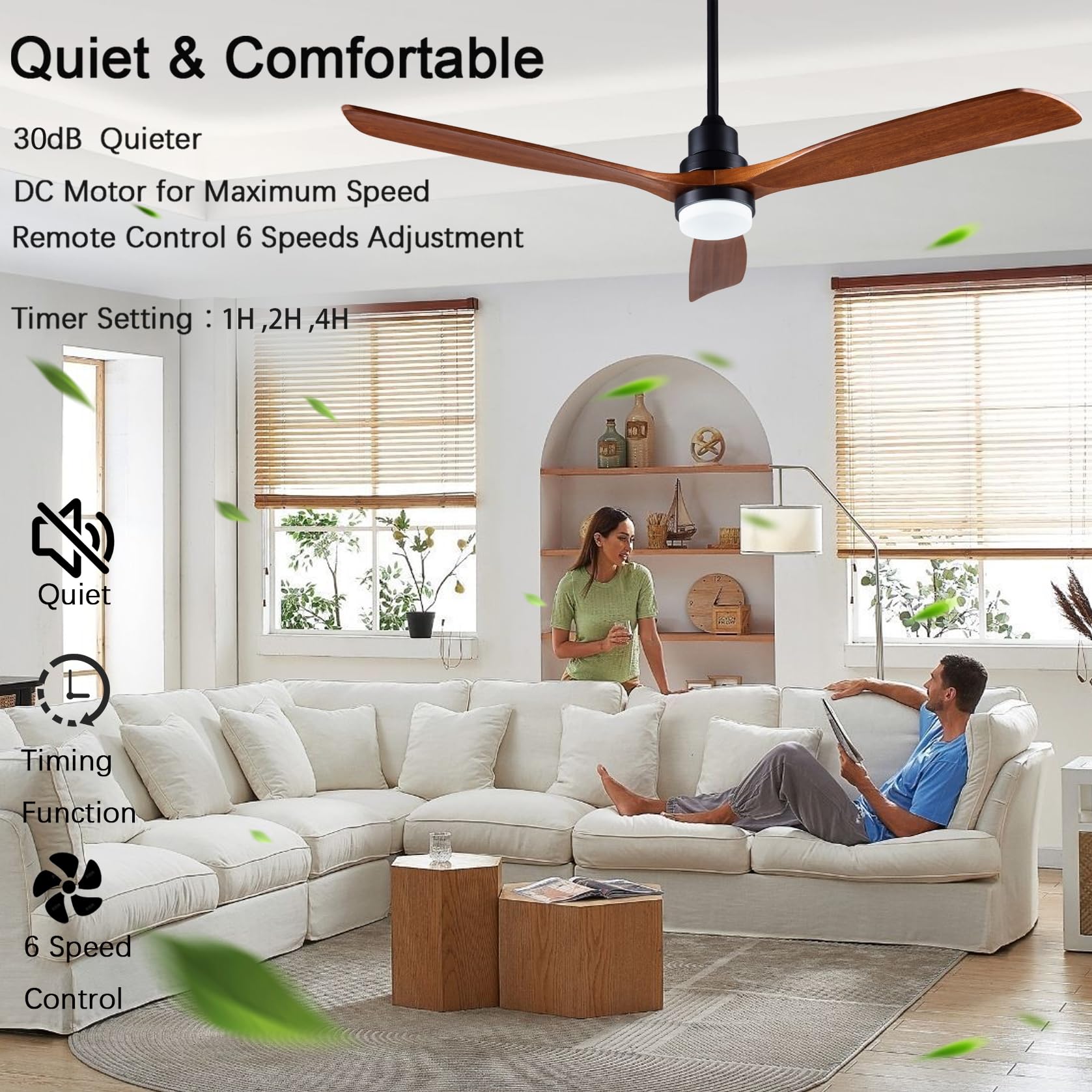 Dearnow 60    Ceiling Fan [With Lighting Remote], Indoor Outdoor Mute, Modern Wooden Ceiling Fan [With 3 Solid Wood Blades] For