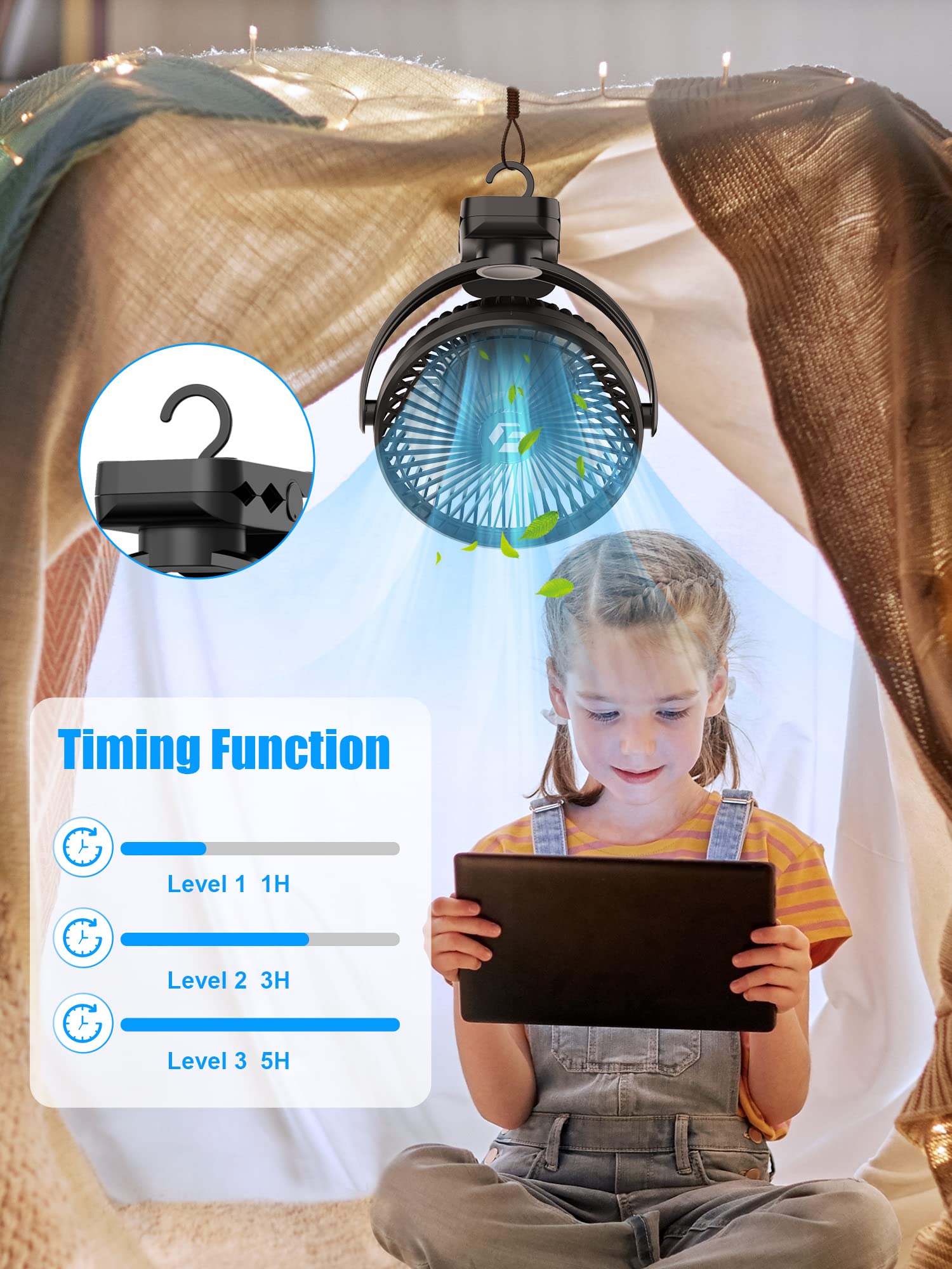 Frizcol 12000Mah 8 Inch Portable Clip On Fan,Battery Operated Camping Fan With Lights And Remote, Usb Fan Small Desk Fan Persona