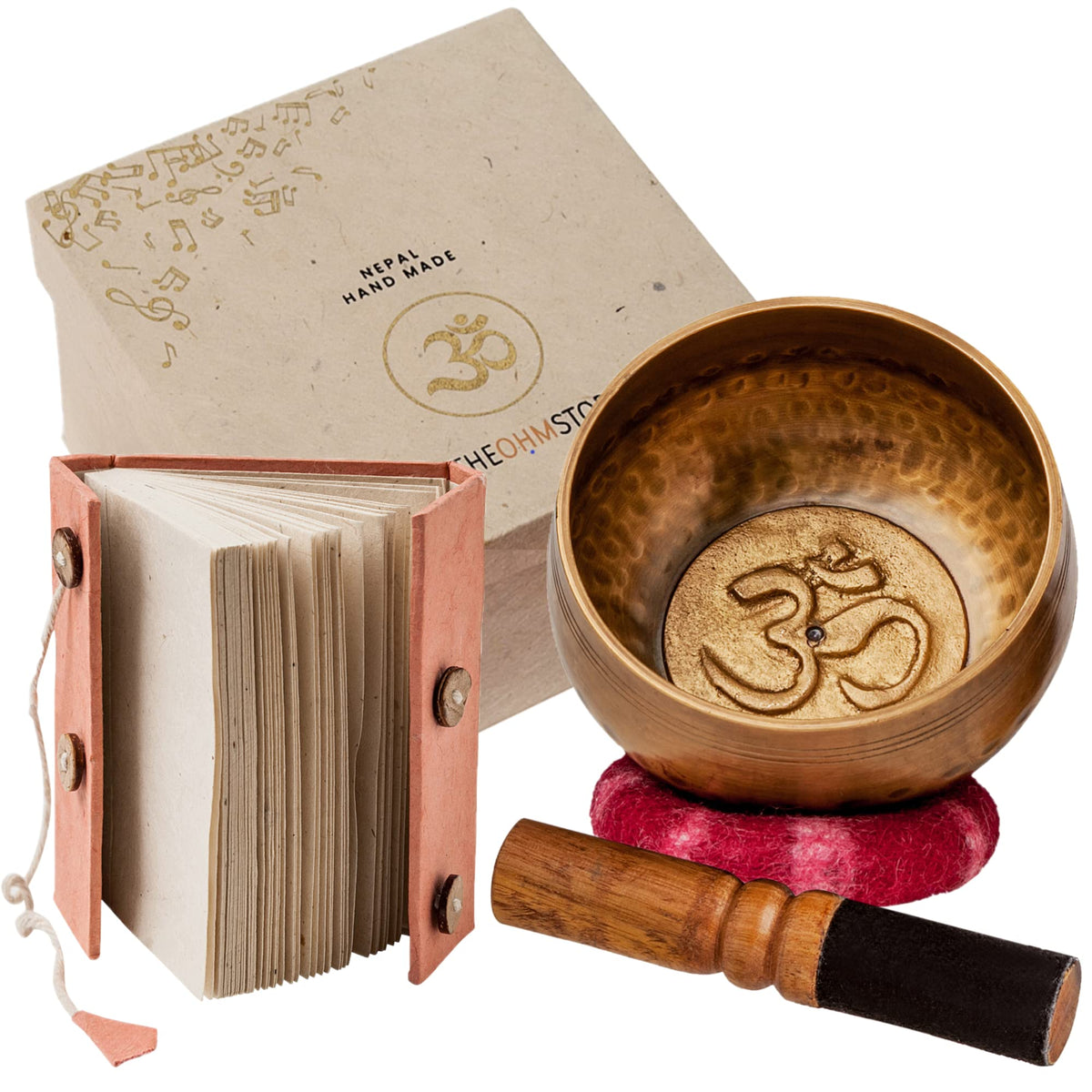 Ohm Store Tibetan Singing Bowl And Lokta Journal Set   Handcrafted Nepali Meditation Sound Bowl Self Care Gift For Stress Relief