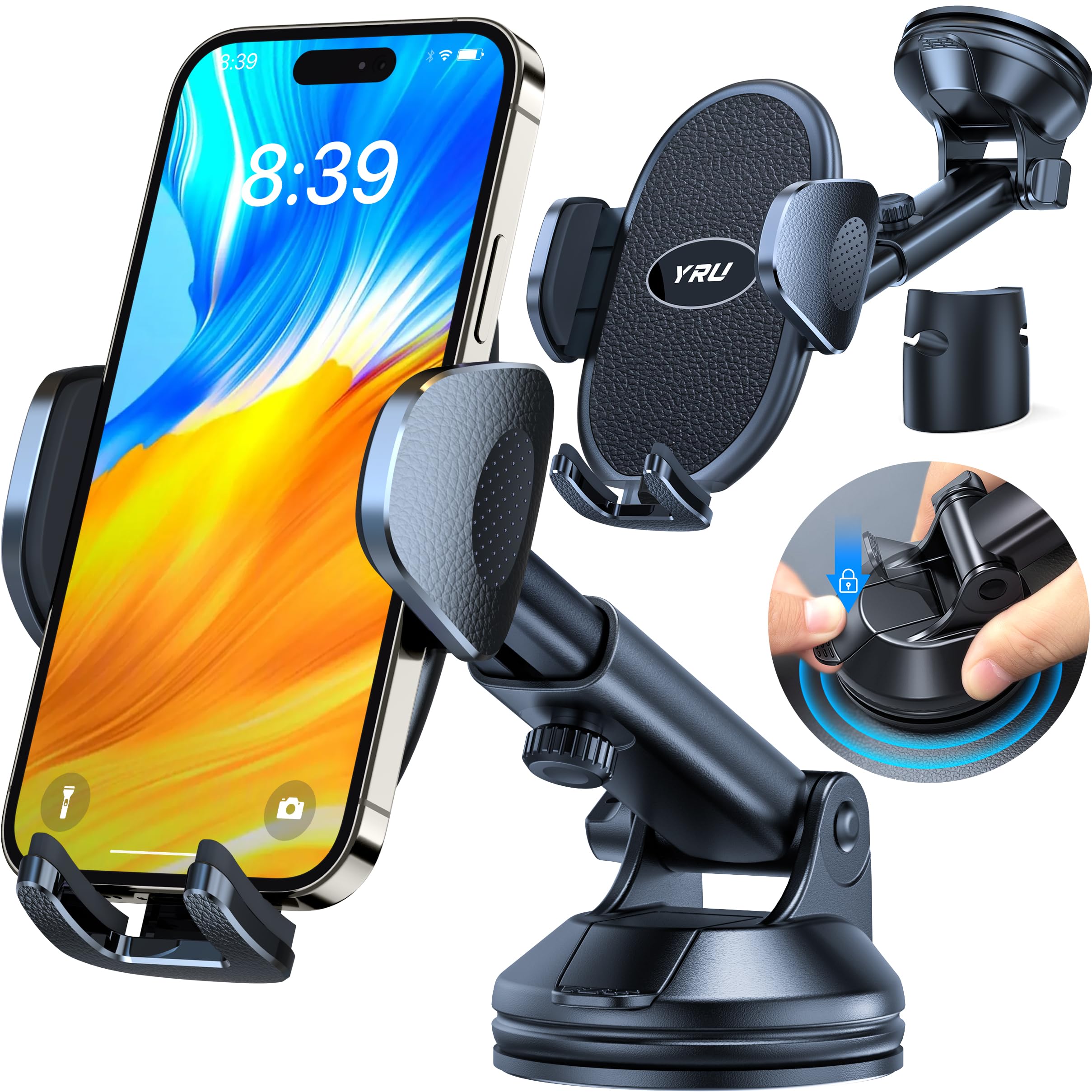 Yru [2025 Upgraded] Universal Car Phone Holder Mount? 360� Rotatable &Strong Suction? Cell Phoneholder For Car Dashboard Windshield Phone Holder Dash Stand For Iphone 16 15 14 13 Samsung Truck, Black