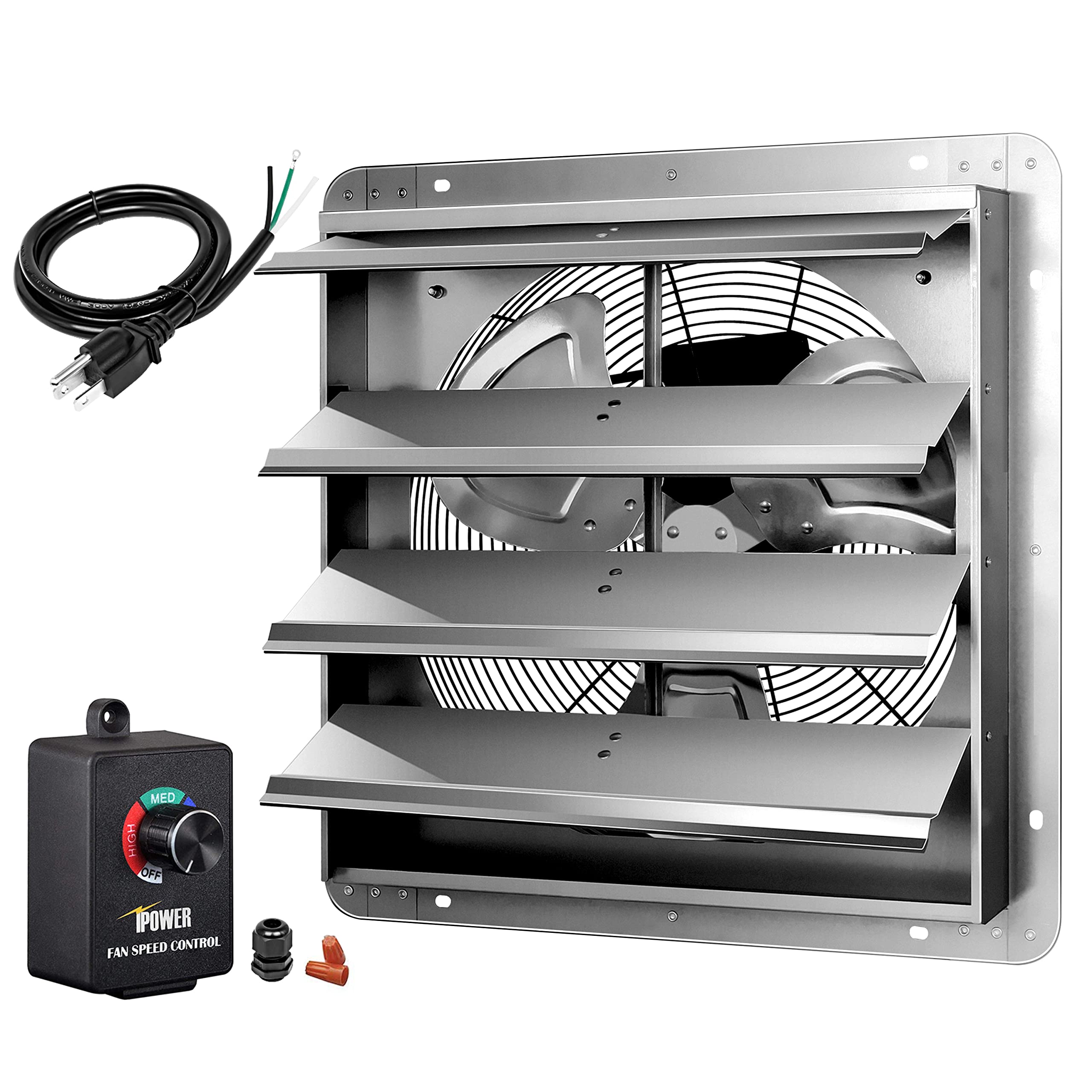 Ipower 18 Inch Wall Mounted Shutter Exhaust Fan With Speed Controller And Power Cord Kit, Aluminum, 1400 Rpm, 2000 Cfm, For Atti