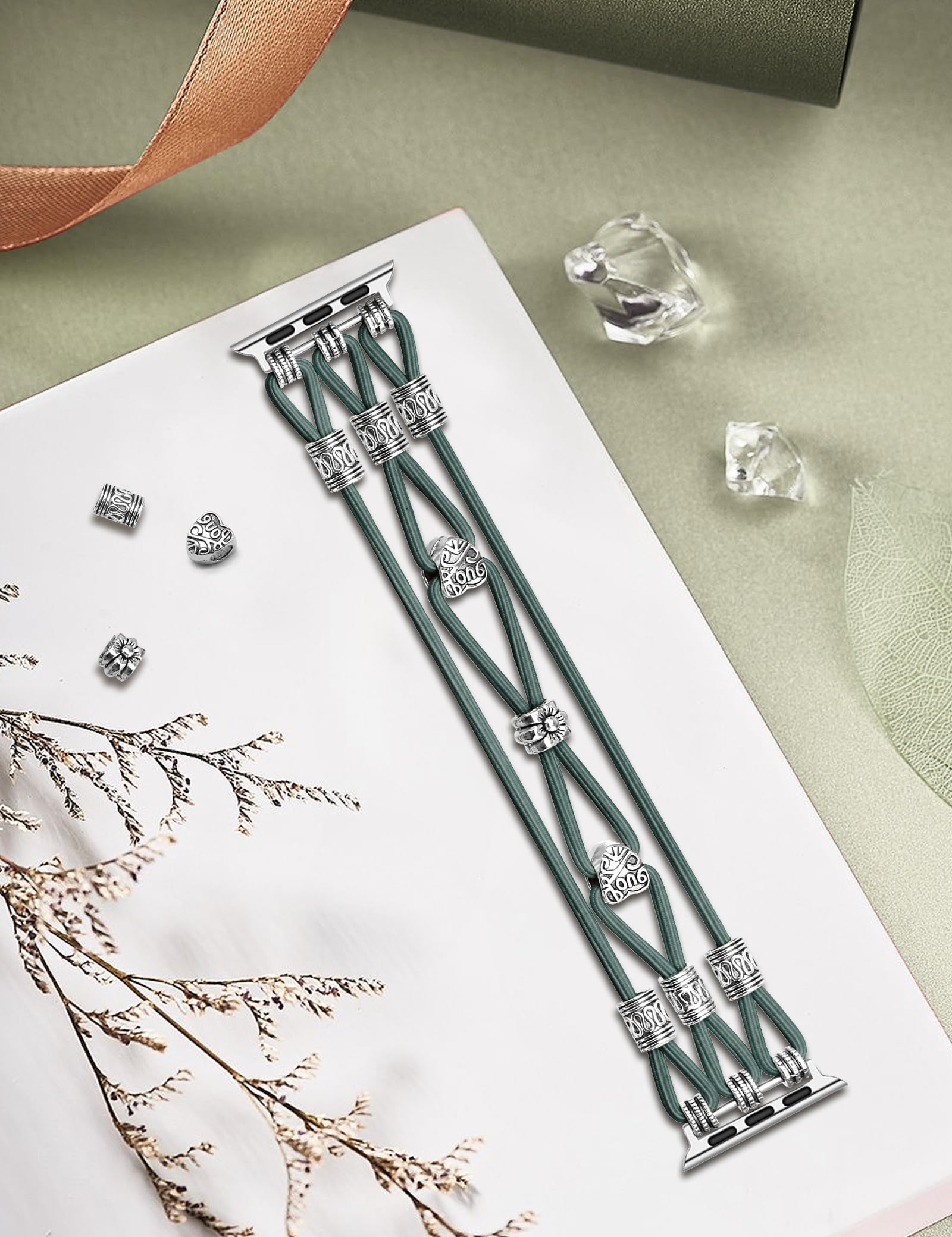 Newlibery Beaded Bracelet Compatible With Apple Watch Band 40Mm 41Mm 38Mm 42Mm Women, Boho Braided Solo Loop Nylon Strap Stretch