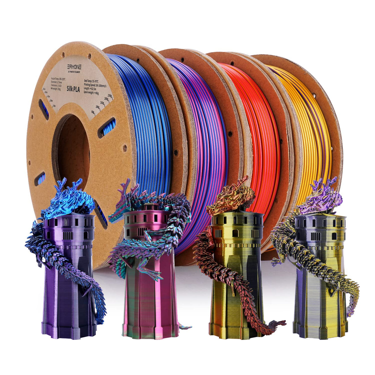 Eryone Silk Tri Color Coextrusion Pla Filament,3D Printer 1.75Mm +/  0.03Mm, Triple Color Filament 0.25Kg/Spools,4Pack(2.2Lbs),