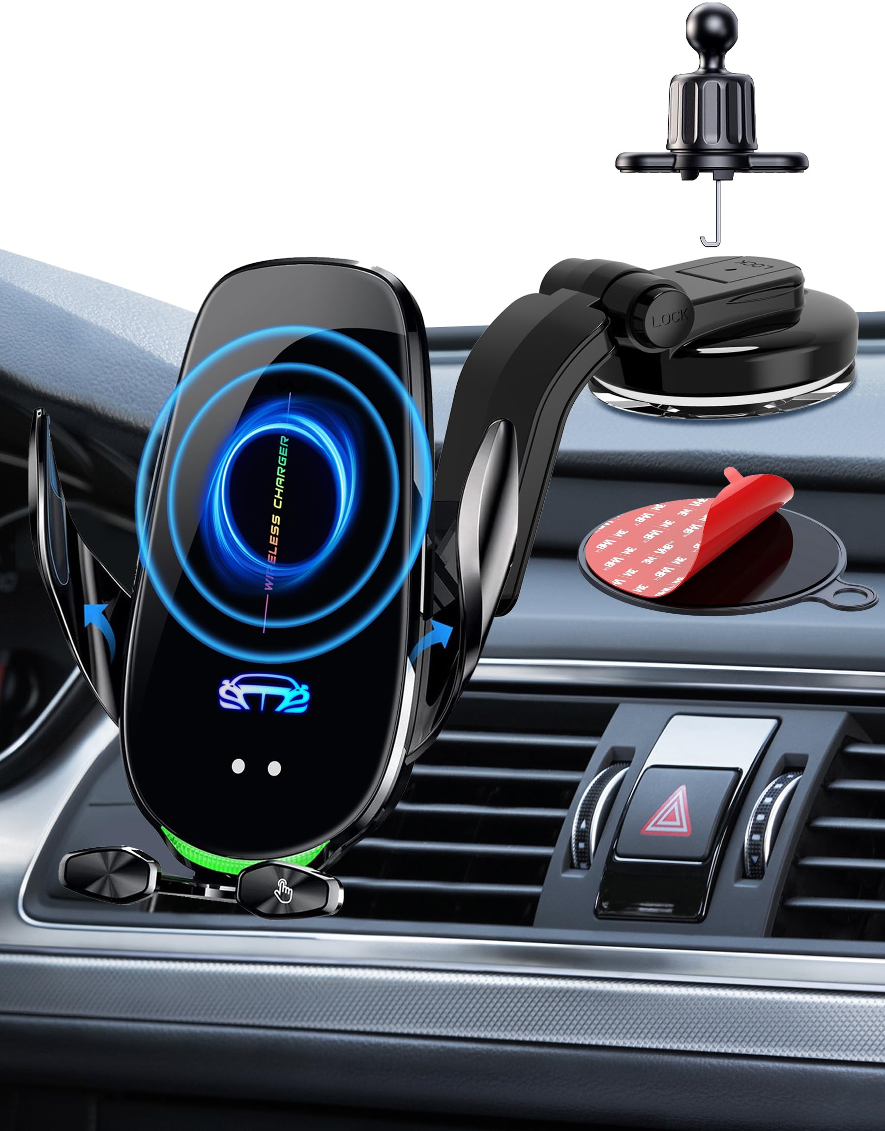 Wireless Car Charger Mount, Fast Charging Auto Clamping 15W Intelligent Dual Control Induction Car Phone Holder Mount Wireless C