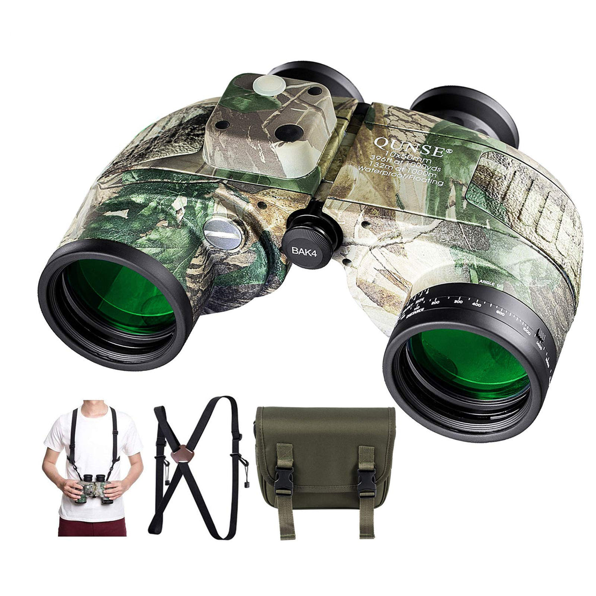 Qunse 10X50 Marine Binoculars For Adults, Waterproof Binoculars With Rangefinder Compass,Bak4 Prism Navigation Birdwatching Hunt