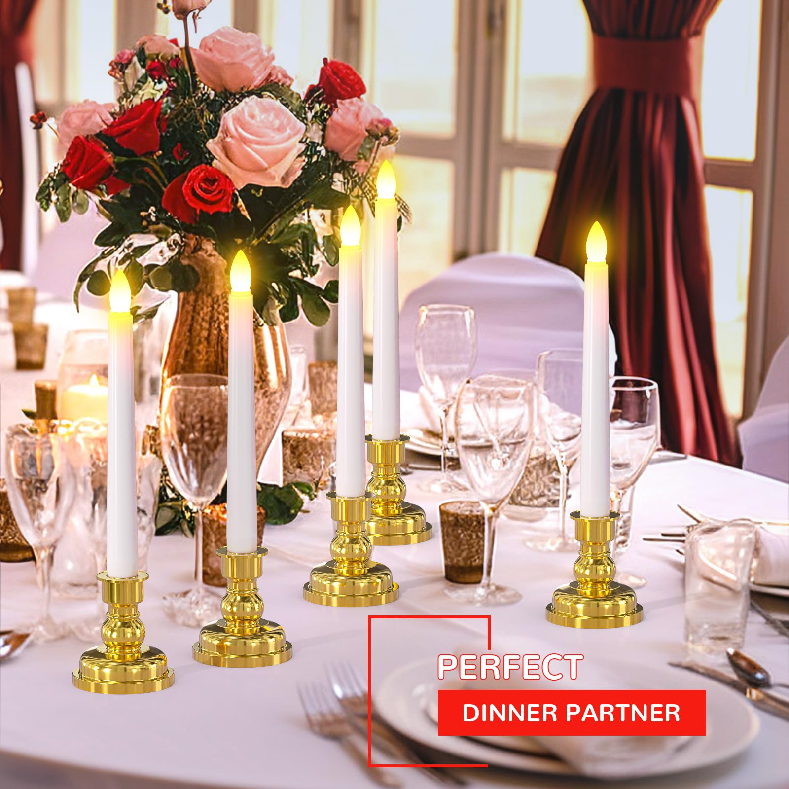 Pchero Window Candles With Remote Timer, 6 Packs 7.9'' Battery Operated Flameless Led Taper Candles Lights With Removable Gold C