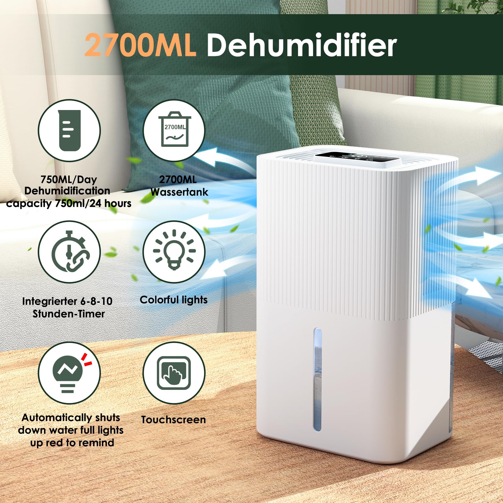 Portable Home Dehumidifier For Basements|91 Oz Tank|900 Sq.Ft Coverage|Quiet Smart Design With Auto Shut Off White