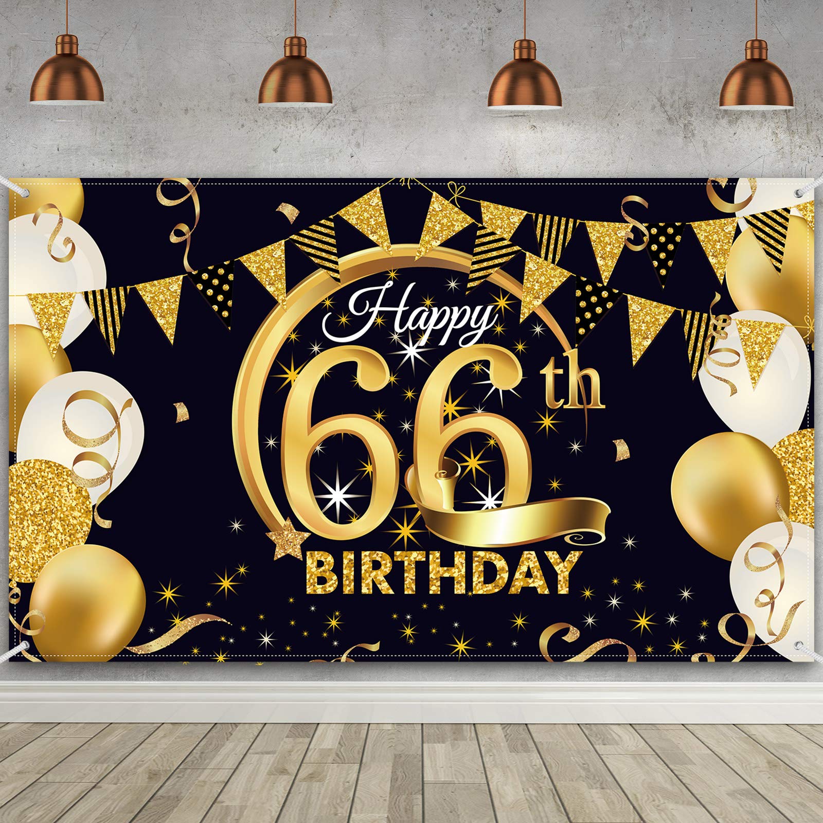66Th Birthday Party Decoration, Extra Large Fabric Black Gold Sign Poster For 66Th Anniversary Photo Booth Backdrop Background B