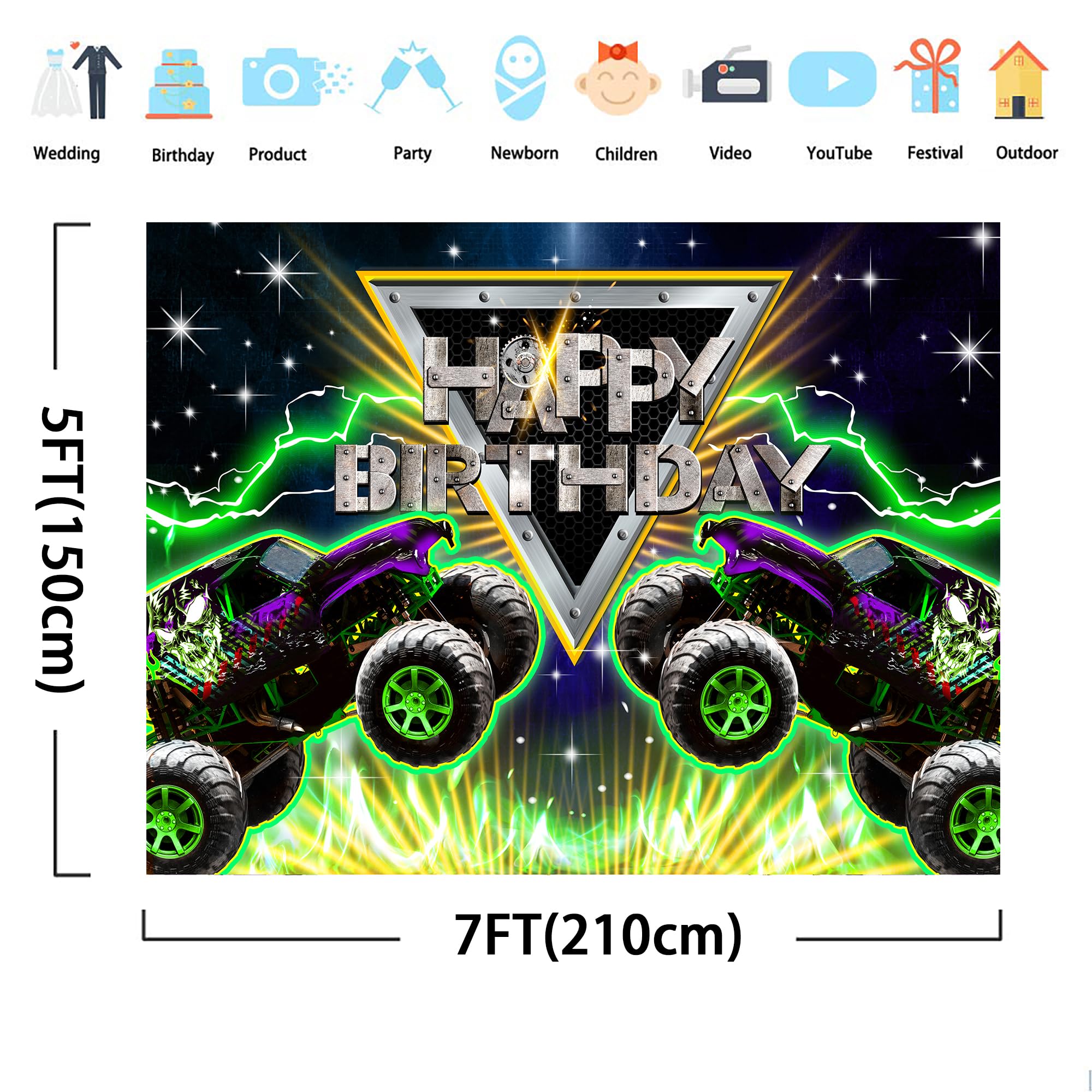 Svbright Truck Birthday Backdrop 7Wx5H Monster Green Car Grave Digger Birthday Party Light Racing Car Vehicle Jam Boys Decoratio