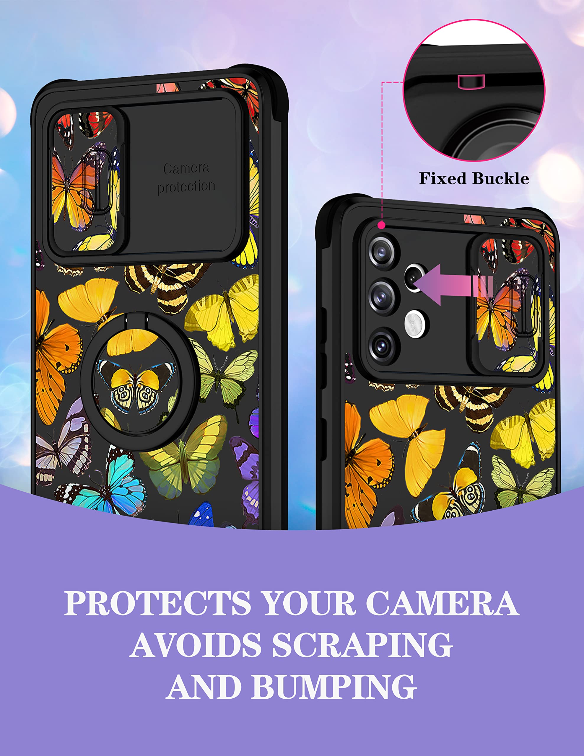 Goocrux (2In1 For Samsung Galaxy A32 5G Case Butterfly Women Girls Girly Pretty Phone Cover With Slide Camera Cover+Ring Holder