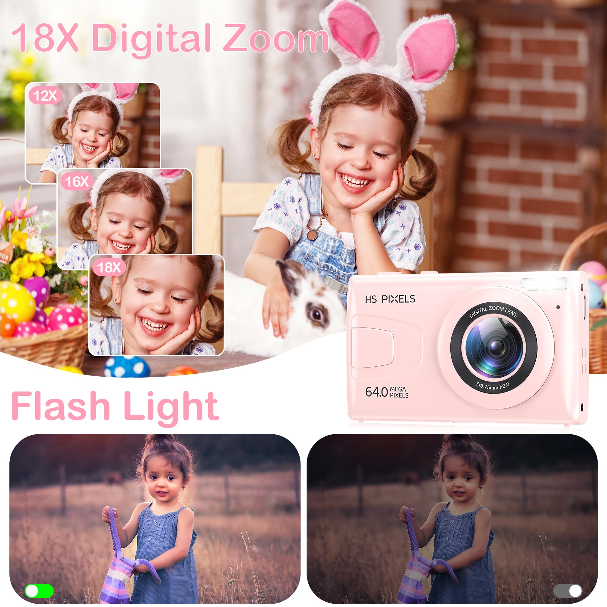 Digital Camera,4K Kids Camera For Photography,64Mp Mp3 Player Vlogging Camera For Youtube,2.8'' Ips Screen,Auto Focus,18X Zoom,1