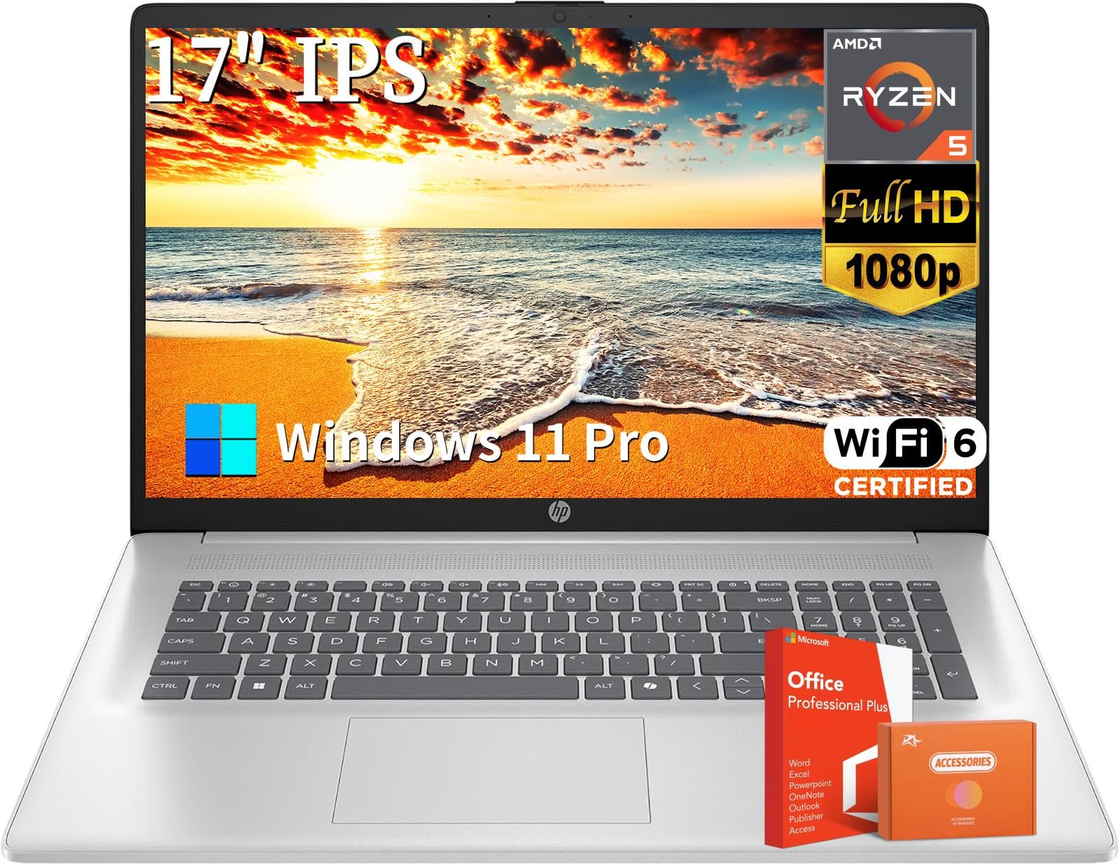 HP 17 inch Business Laptop, Office Lifetime License, 17.3    FHD Display, AMD Ryzen 5 7430U Processor, 64 GB RAM, 1 TB SSD, Wi-F