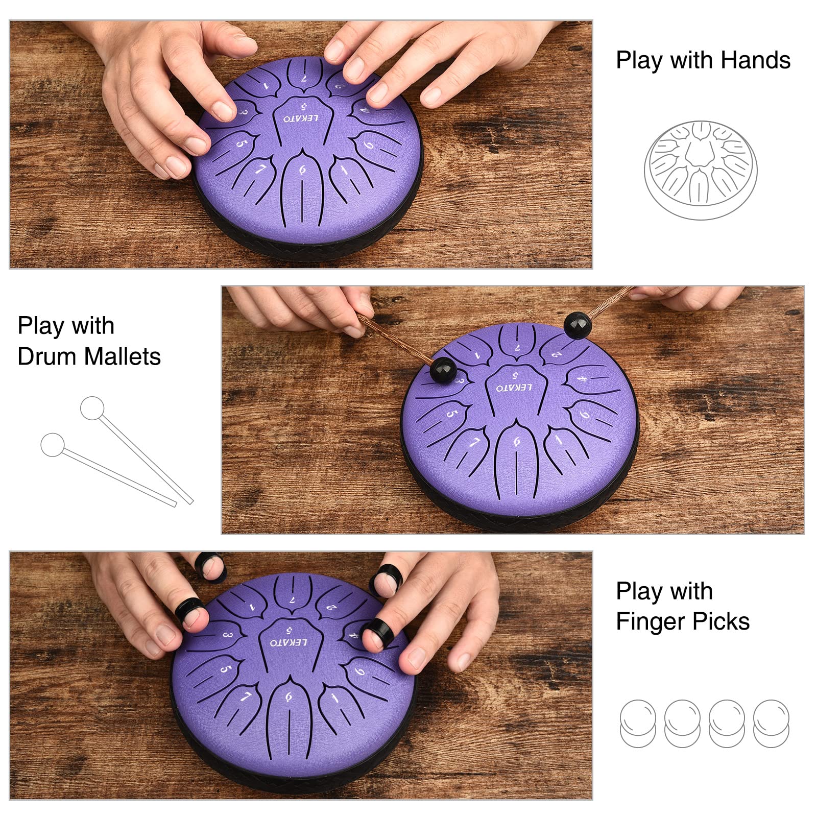 Lekato Steel Tongue Drum 6 Inch 11 Notes, D Major Handpan Drum For Meditation Yoga Beginner Musical Drum For Families/Friends,Pu