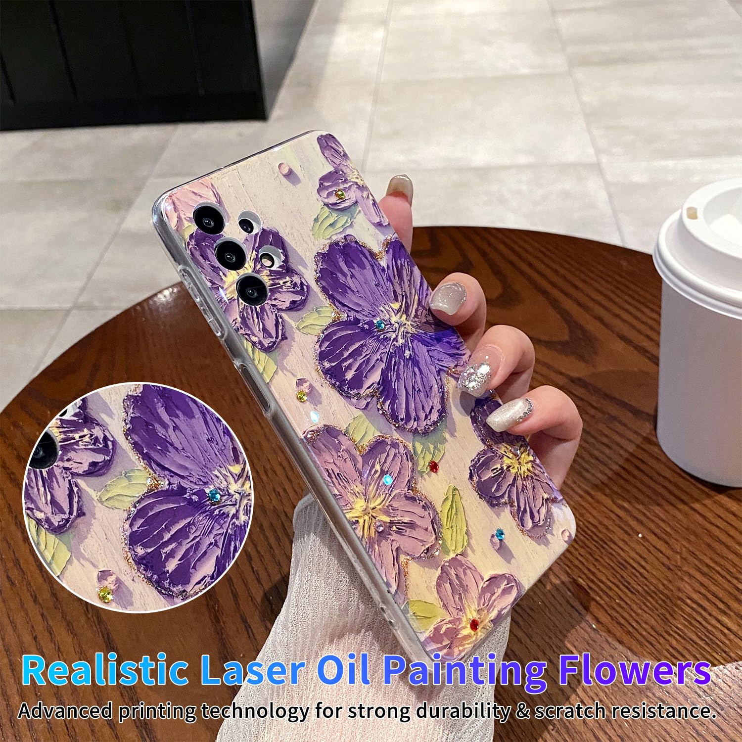 Leleyun Case For Samsung Galaxy A32 5G, Retro Oil Painting Printed Flower Cute Pattern With Glitter Gem Phone Cover Durable Tpu