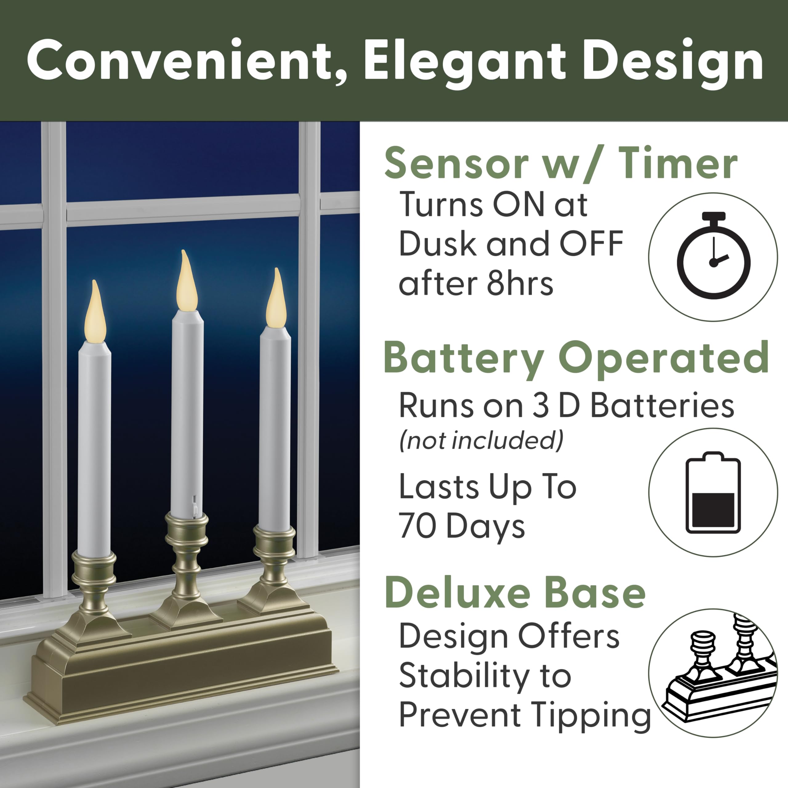 612 Vermont Battery Operated Led Window Candelabra With Sensor And 8 Hour Timer (Pewter)