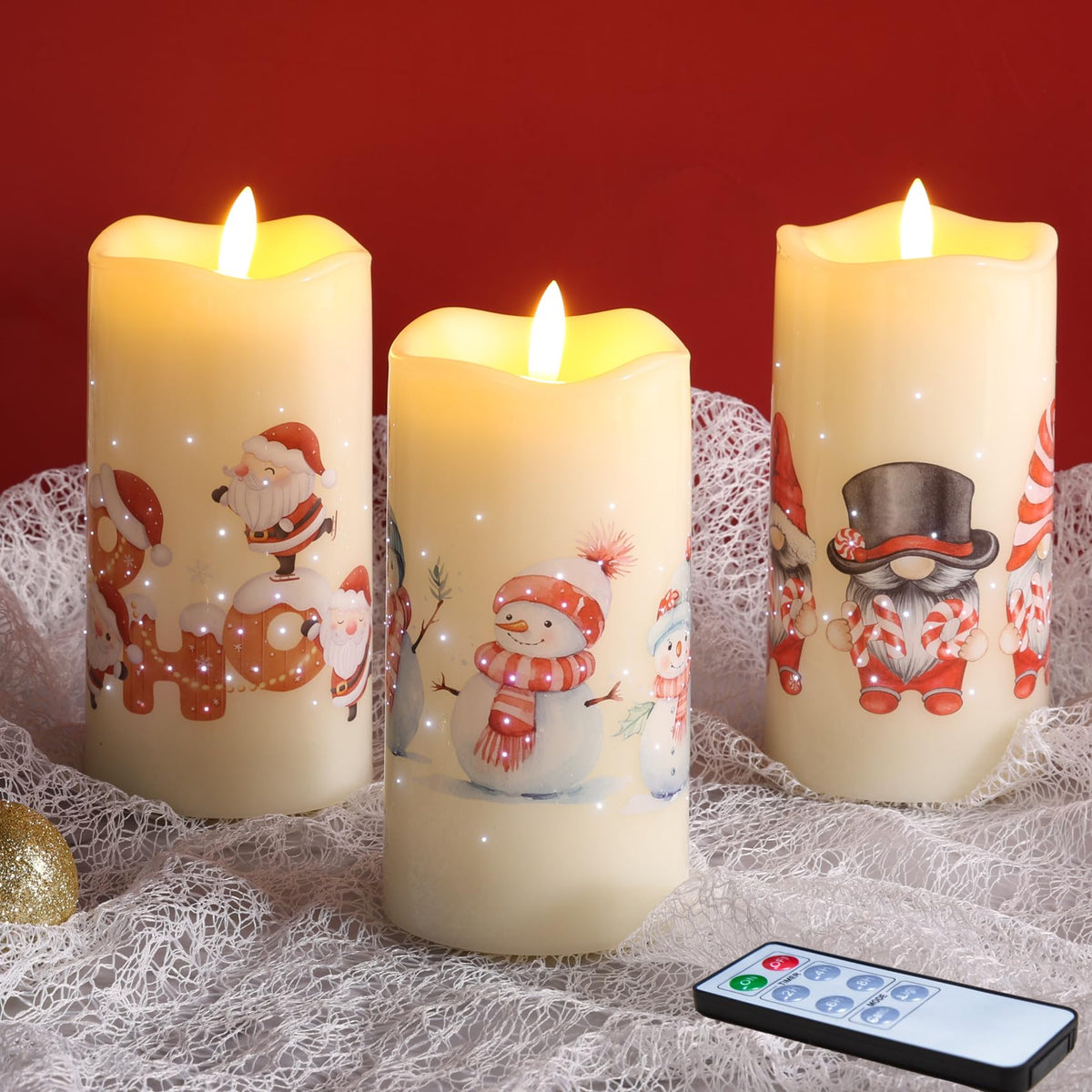 Eywamage Santa Snowman Gnomes Christmas Flameless Candles With Remote, Fiber Optic Battery Led Pillar Candles Set Of 3