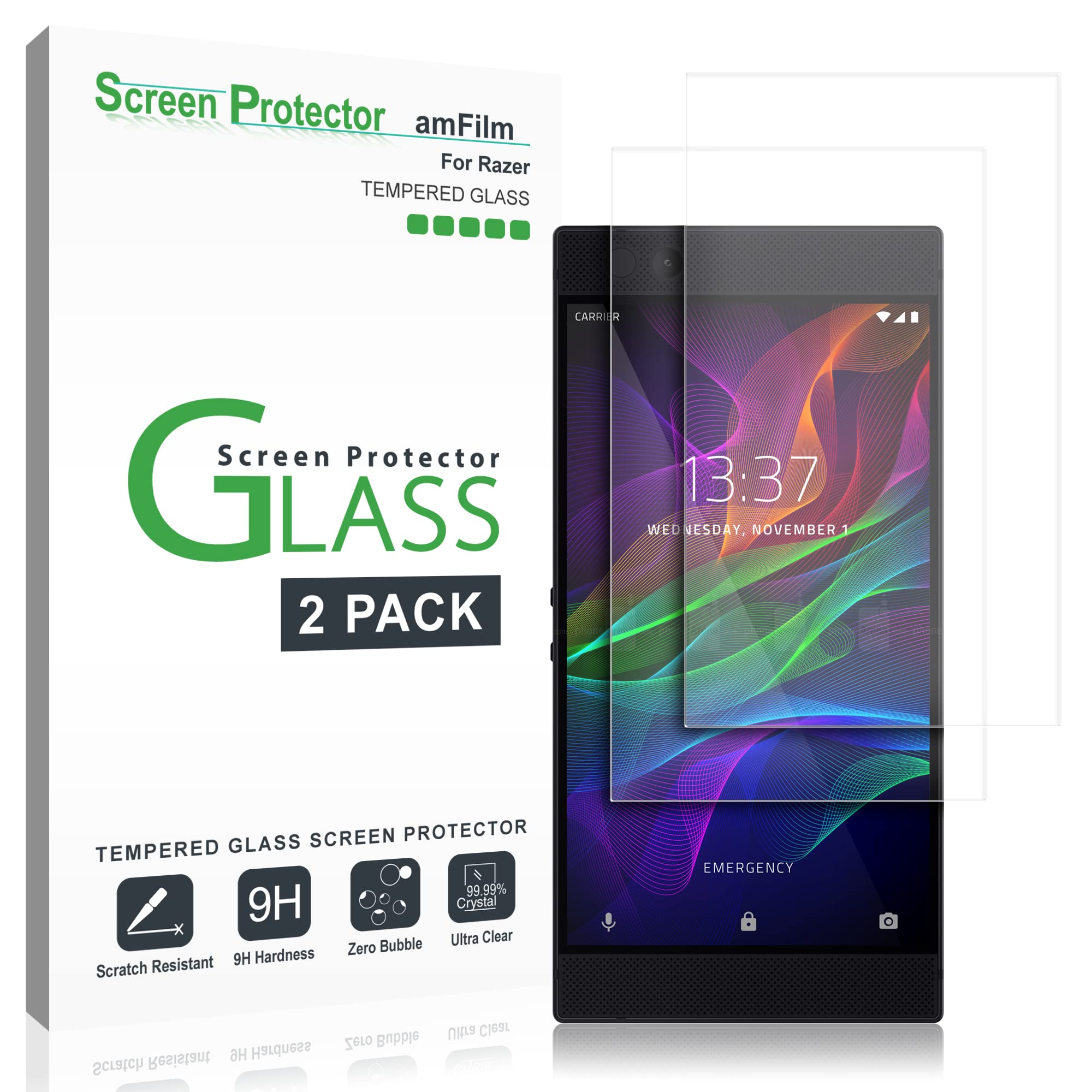 amFilm Glass Screen Protector for Razer Phone 2, Razer Phone (2 Pack) Tempered Glass