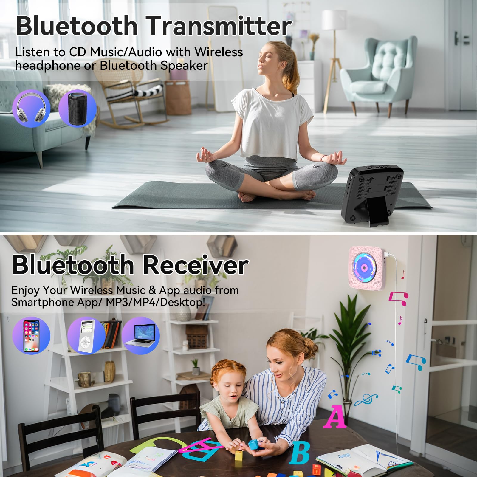 Cd Player Portable Bluetooth Rechargeable: Cd Players For Home With 1800Mah Kegaudio Desktop Wall Cd Player With Speakers Dust C