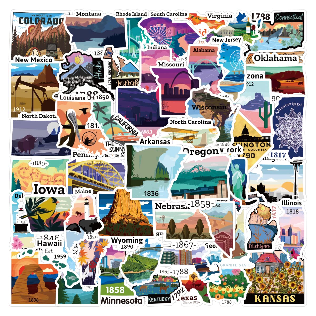 50Pcs United States Travel Map Stickers Pack, Waterproof Vinyl Stickers For Scrapbook Water Bottles Laptop Guitar Computer Phone